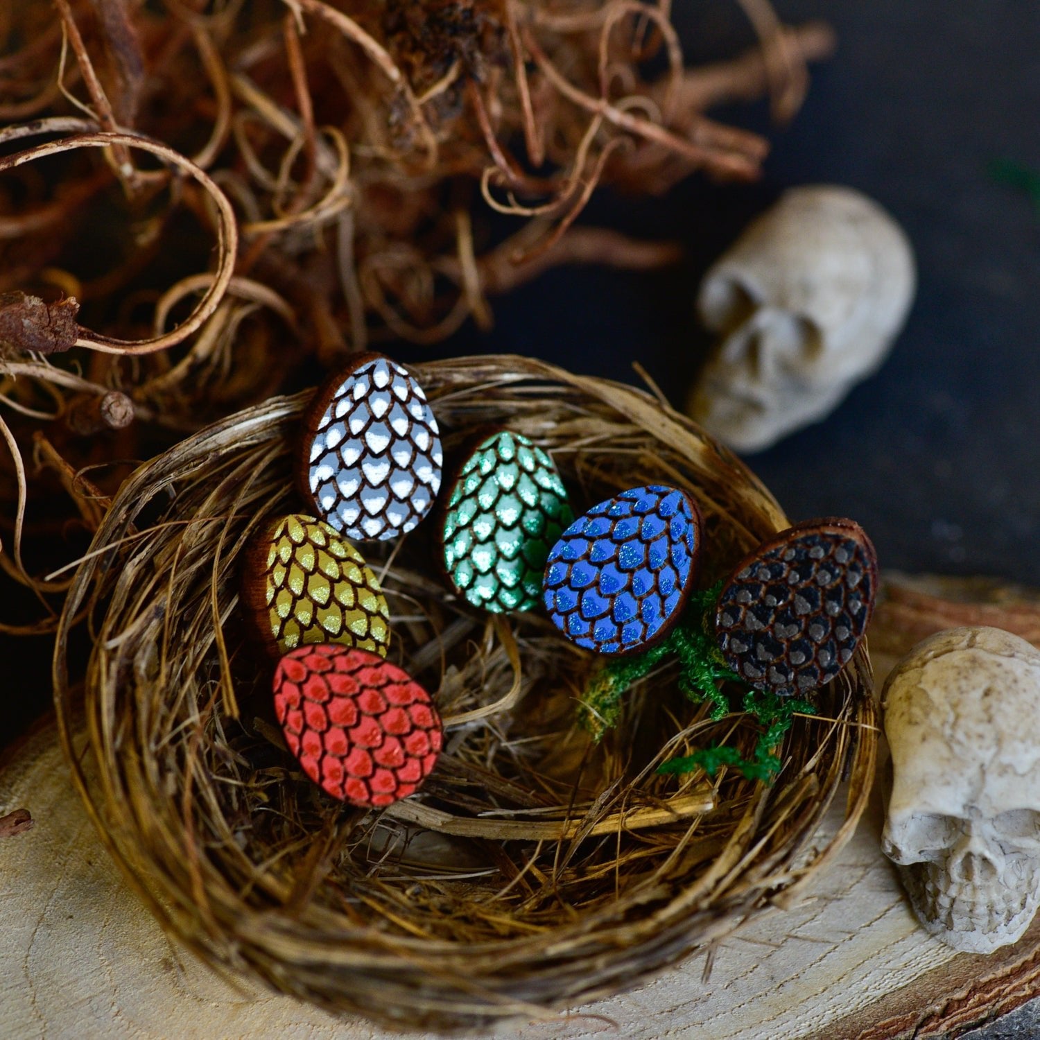 Hand - painted Wooden Dragon Egg Stud Earrings - PET15509 - Robin Valley Official Store