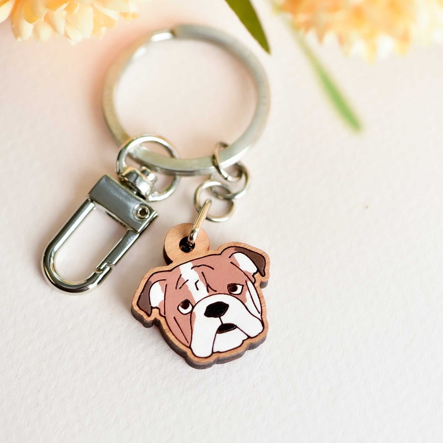 Hand - painted Wooden English Bulldog Keyring - KL20144 - Robin Valley Official Store