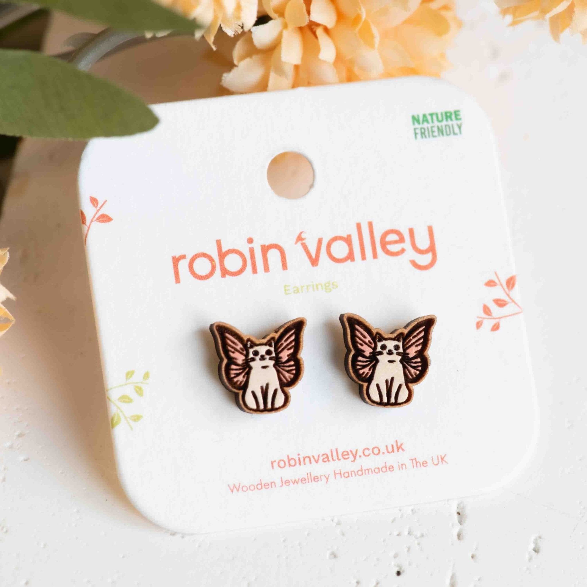 Hand - painted Wooden Fairy Cat Stud Earrings - PEL10397 - Robin Valley Official Store