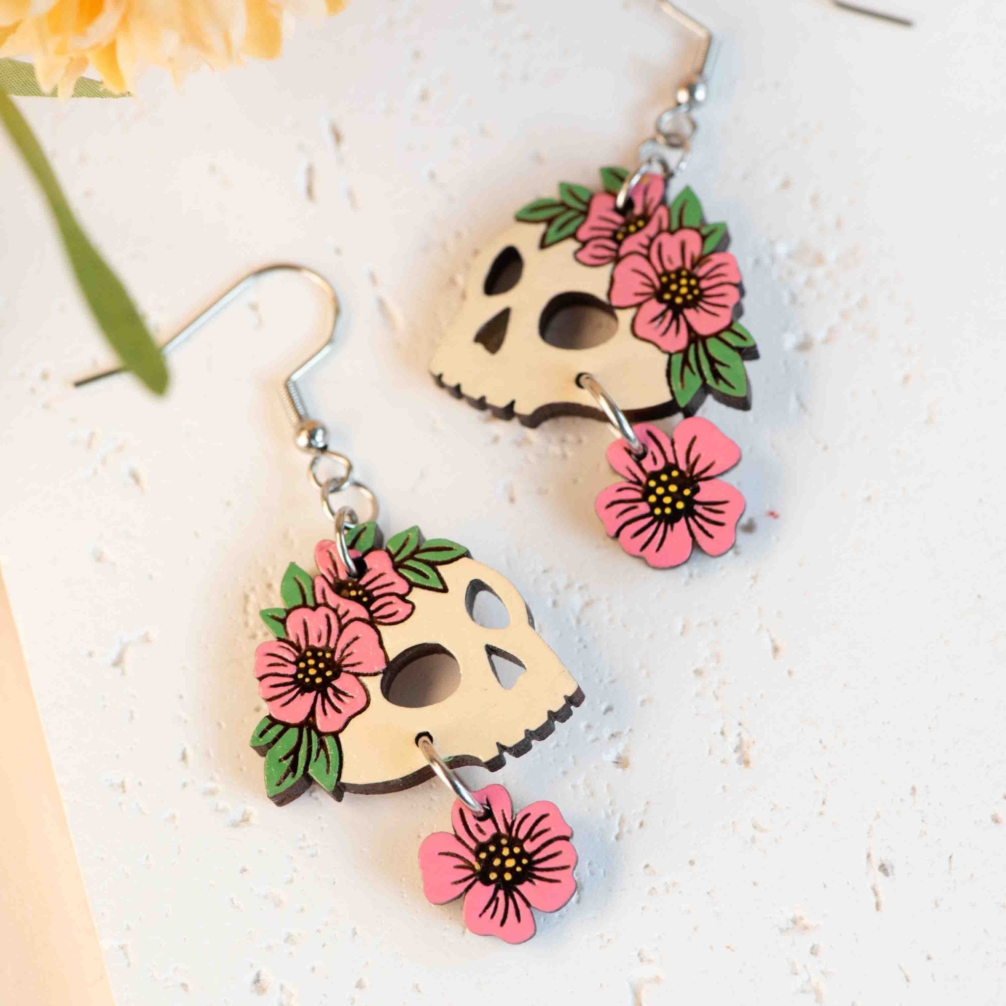 Hand - painted Wooden Flora Skull Hook Earrings - PET15505D - Robin Valley Official Store