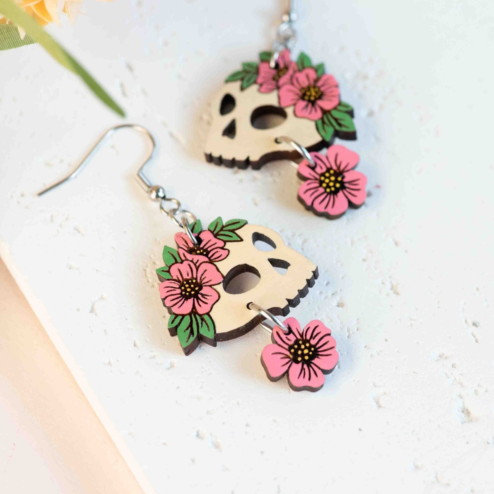 Hand - painted Wooden Flora Skull Hook Earrings - PET15505D - Robin Valley Official Store