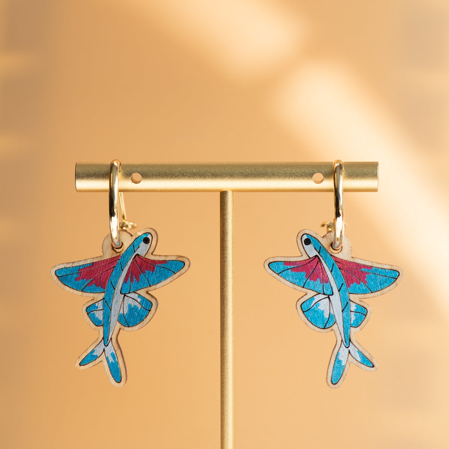 Hand - painted Wooden Flying Fish Hoop Earrings - PES13124H - Robin Valley Official Store
