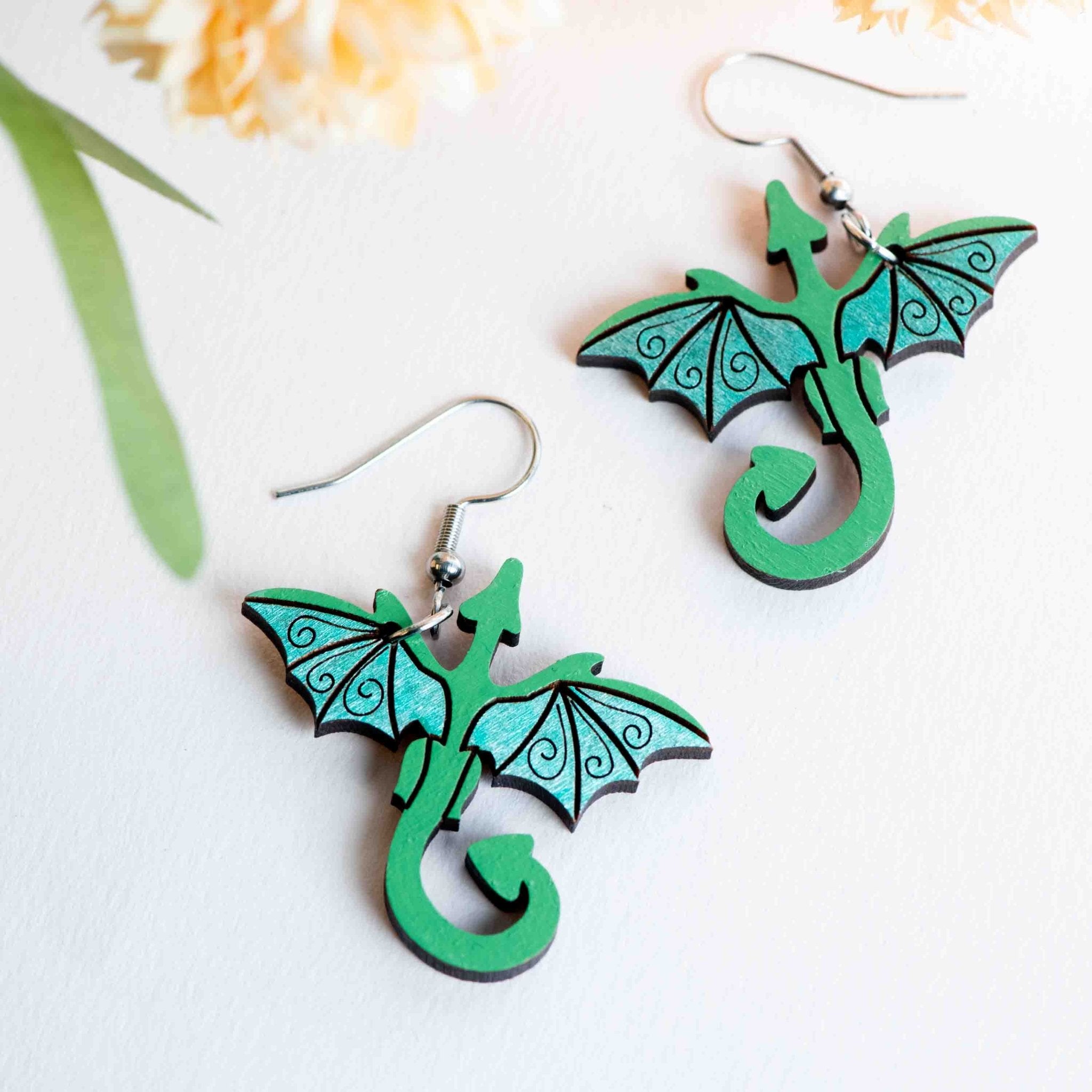 Hand - painted Wooden Green Flying Dragon Hook Earrings - PEO14262D - Robin Valley Official Store