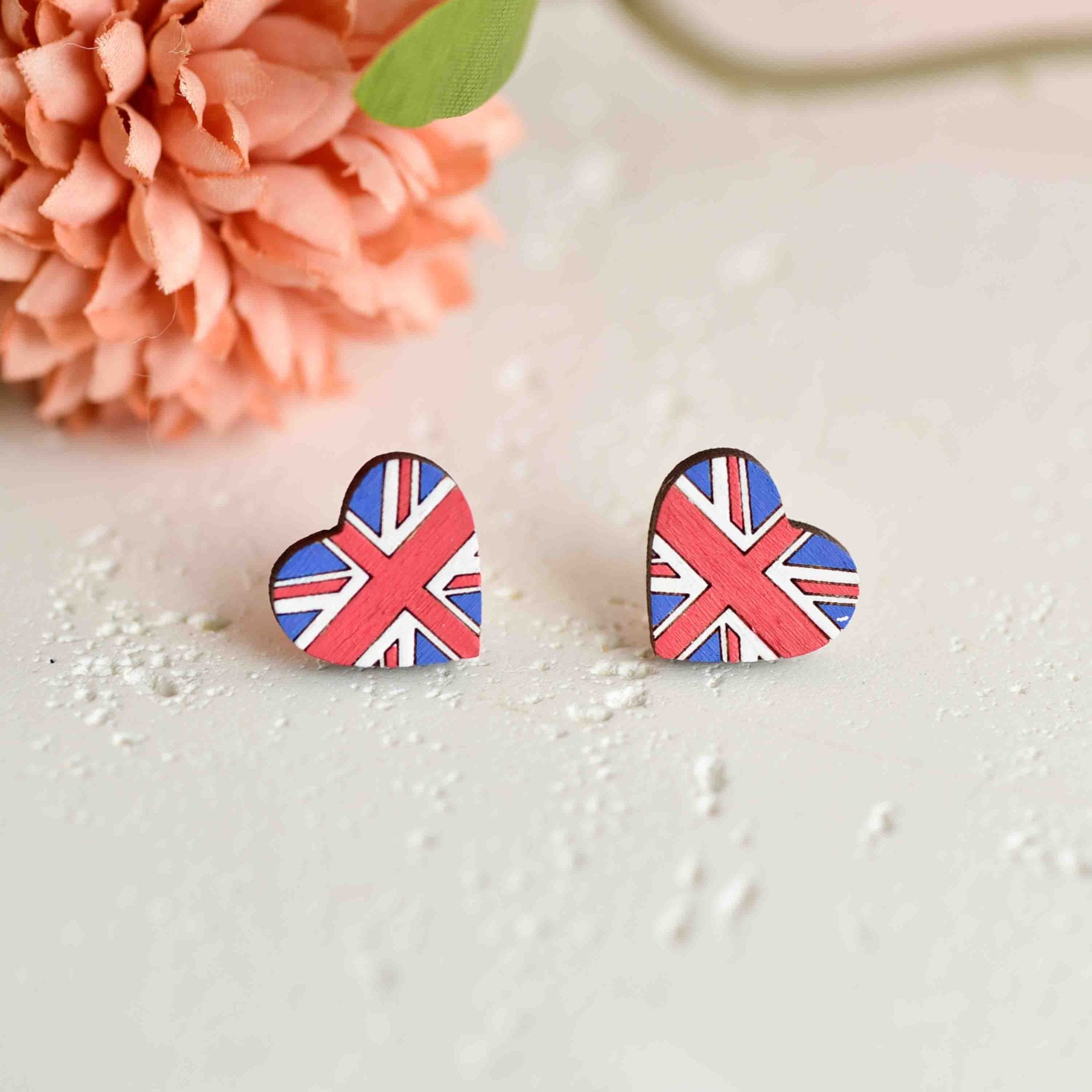 Hand - painted Wooden Heart Union Jack Earrings - PET15083 - Robin Valley Official Store