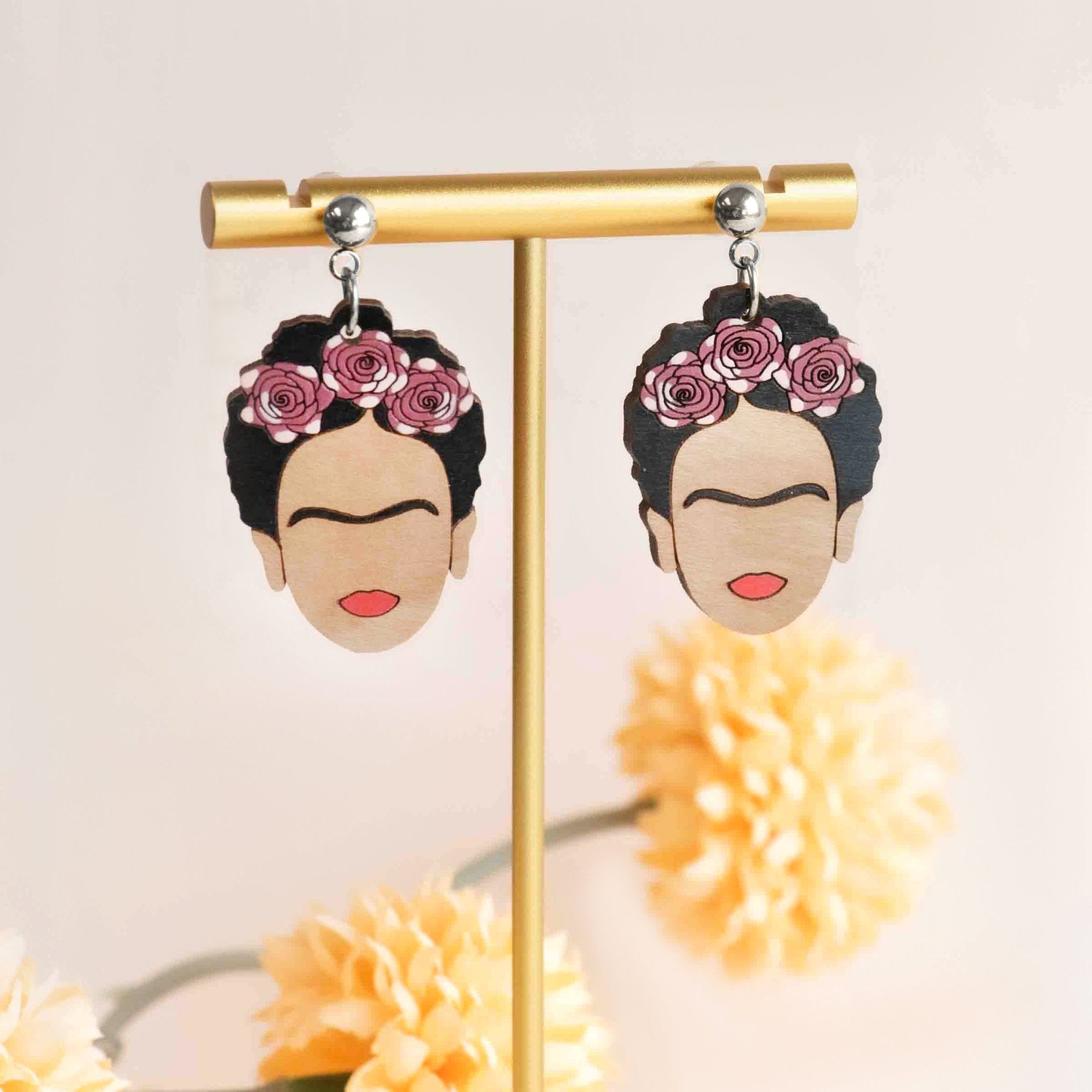 Hand - painted Wooden Large Frida Dangle Earrings - PEA16060D - Robin Valley Official Store