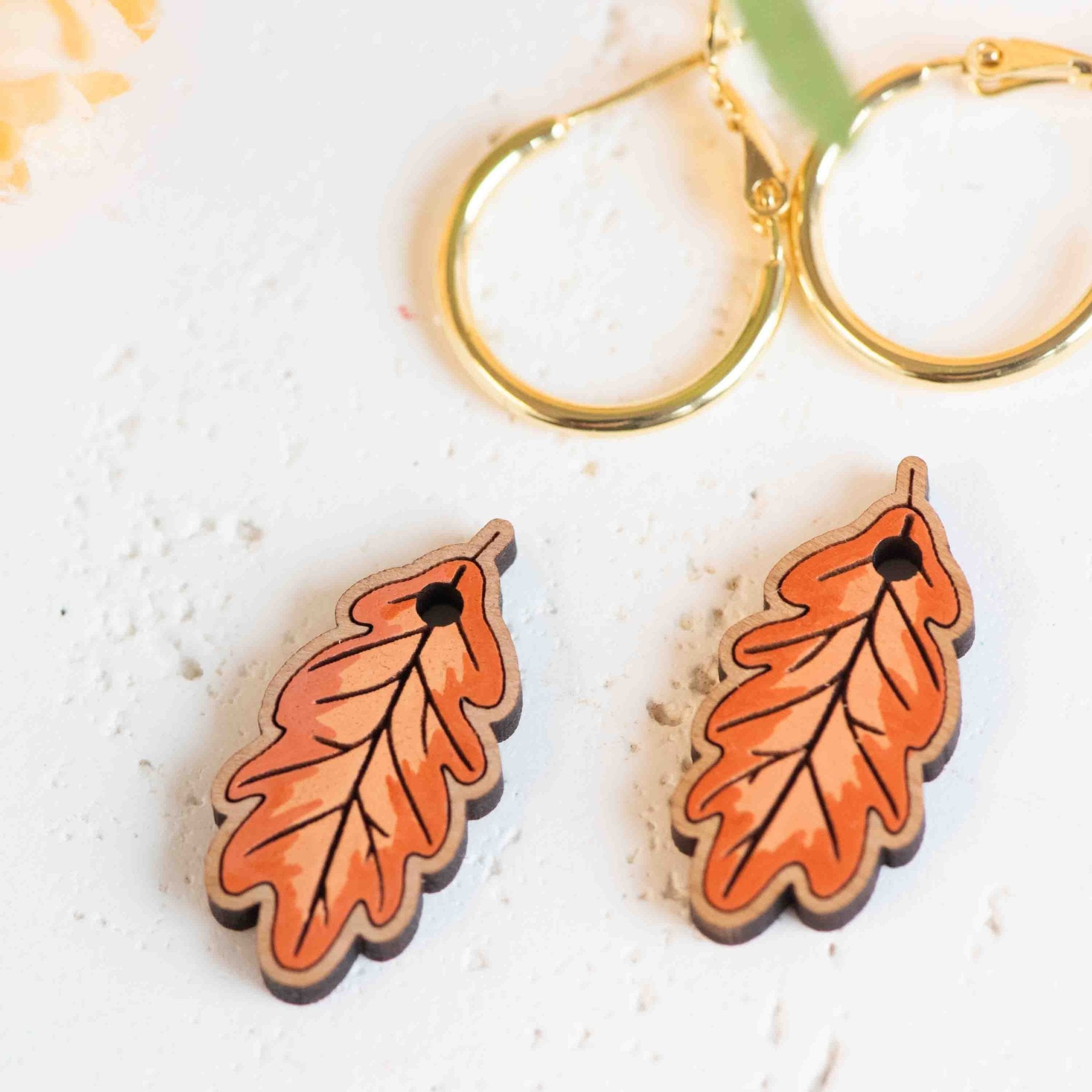 Hand - painted Wooden Oak Leaf Hoop Earrings - PET15477H - Robin Valley Official Store