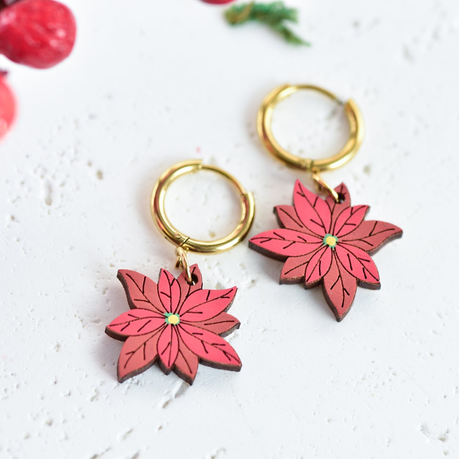 Hand - Painted Wooden Poinsettia Hoop Earrings - PEO14161H - Robin Valley Official Store
