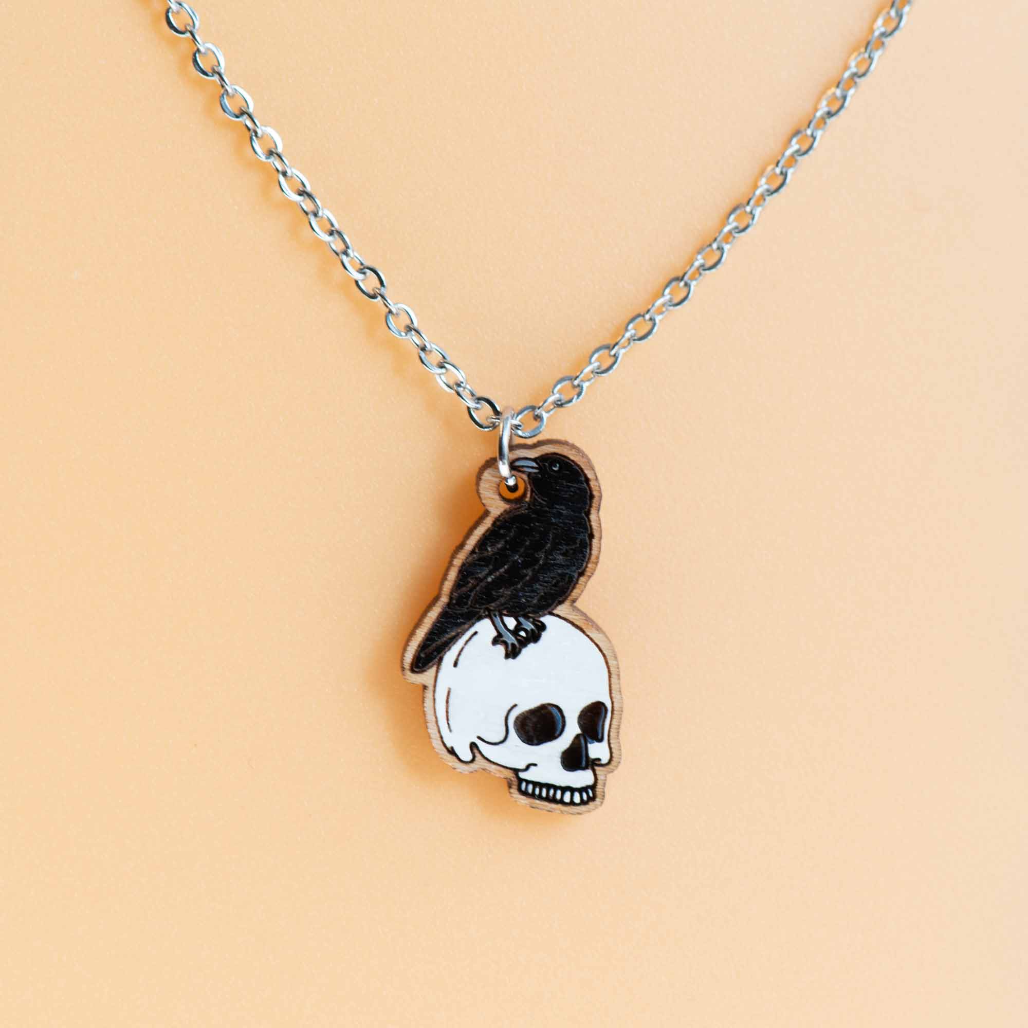 Hand - painted Wooden Raven Skull Necklace - NT65282 - Robin Valley Official Store