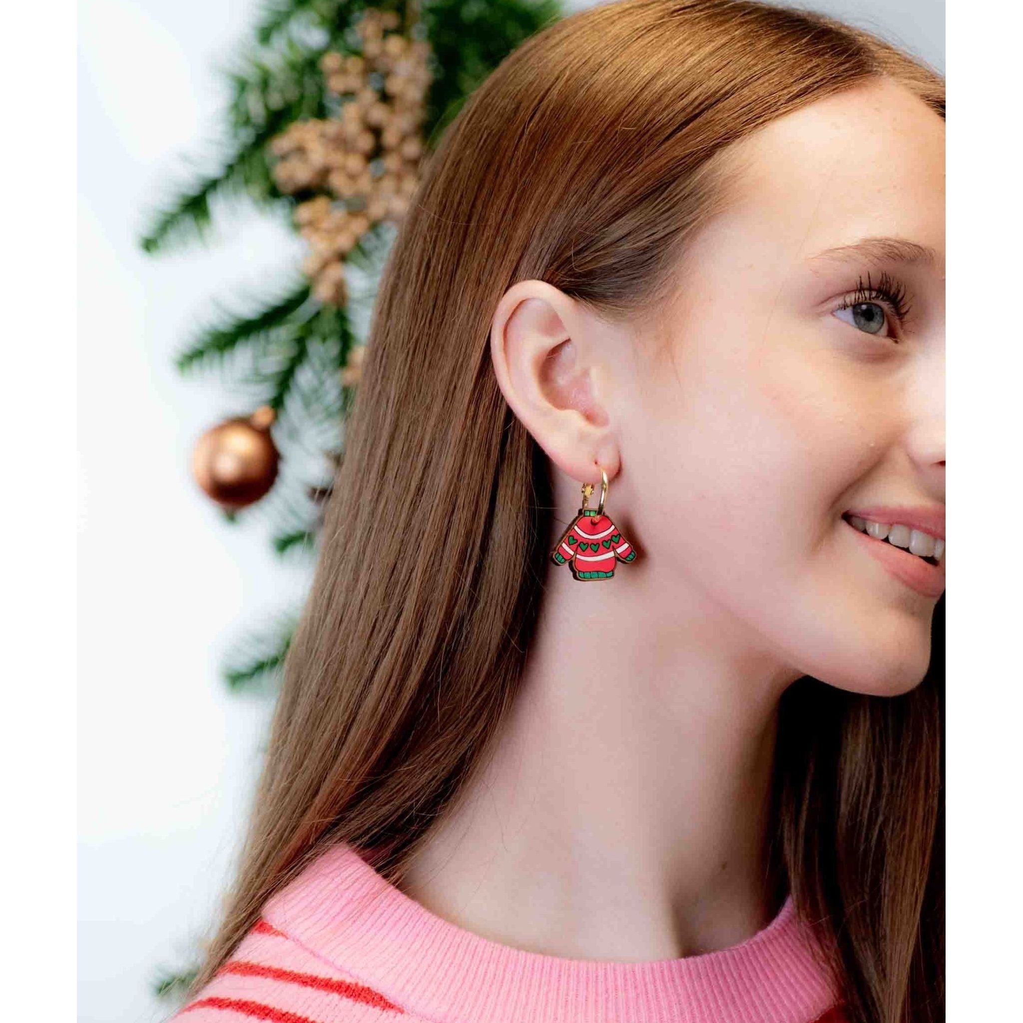 Hand - Painted Wooden Red Christmas Jumper Hoop Earrings - PET15321H - Robin Valley Official Store
