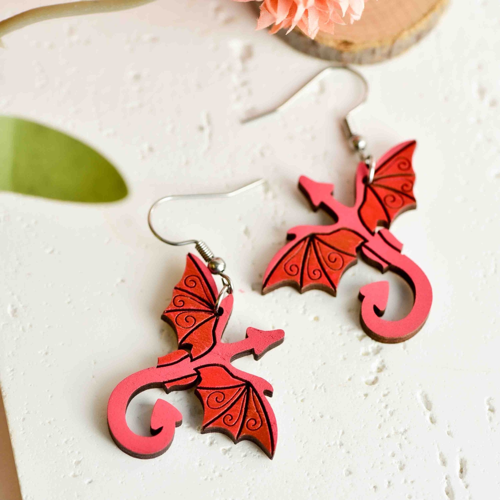 Hand - painted Wooden Red Flying Dragon Hook Earrings - PEO14269D - Robin Valley Official Store