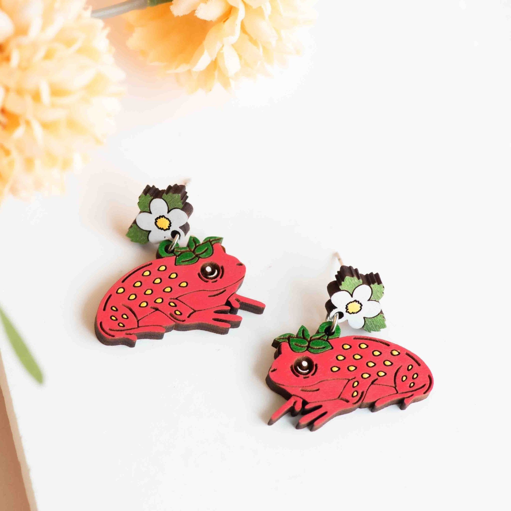 Hand - painted Wooden Red Toad Drop Earrings - PEL10456D - Robin Valley Official Store