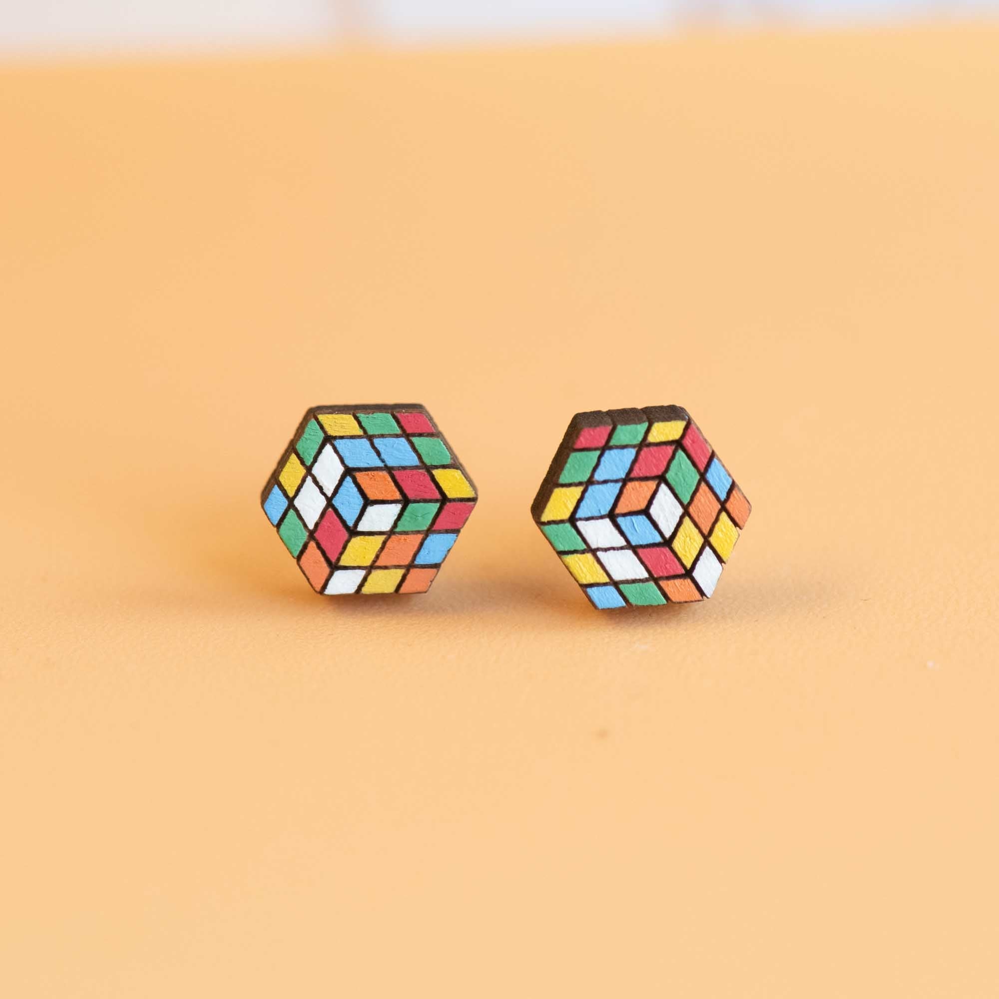 Hand - painted Wooden Rubik's Cube Stud Earrings - PET15248 - Robin Valley Official Store