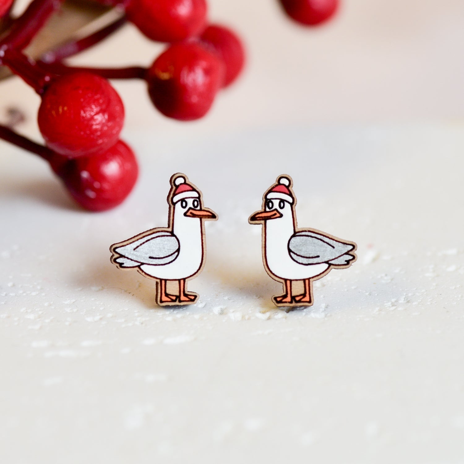 Hand - painted Wooden Santa Hat Silver Seagull Earrings - PEB12029X - Robin Valley Official Store