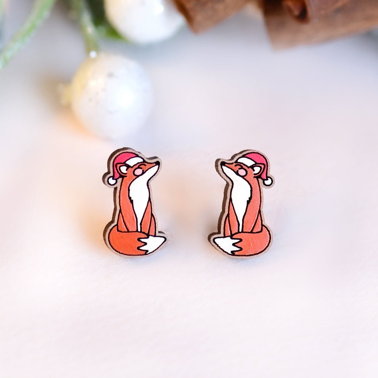 Hand - painted Wooden Santa Hat Smiley Fox Earrings - PEL10346X - Robin Valley Official Store