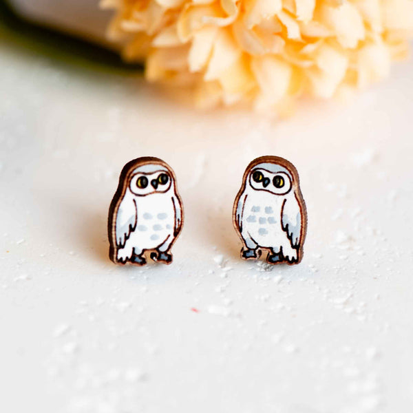 Hand - painted Wooden Snowy Owl Earrings - PEB12059 - Robin Valley Official Store