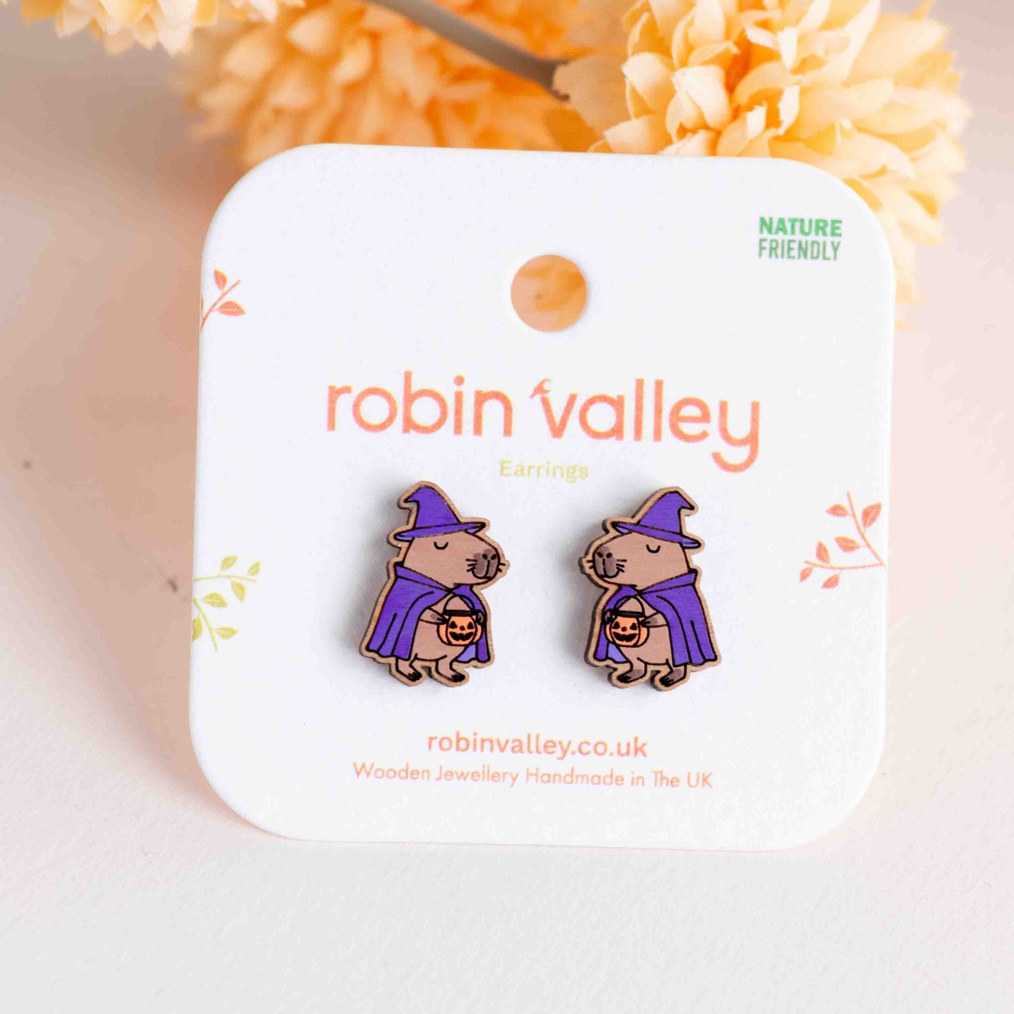 Hand - painted Wooden Witch Capybara Earrings - PEL10494 - Robin Valley Official Store