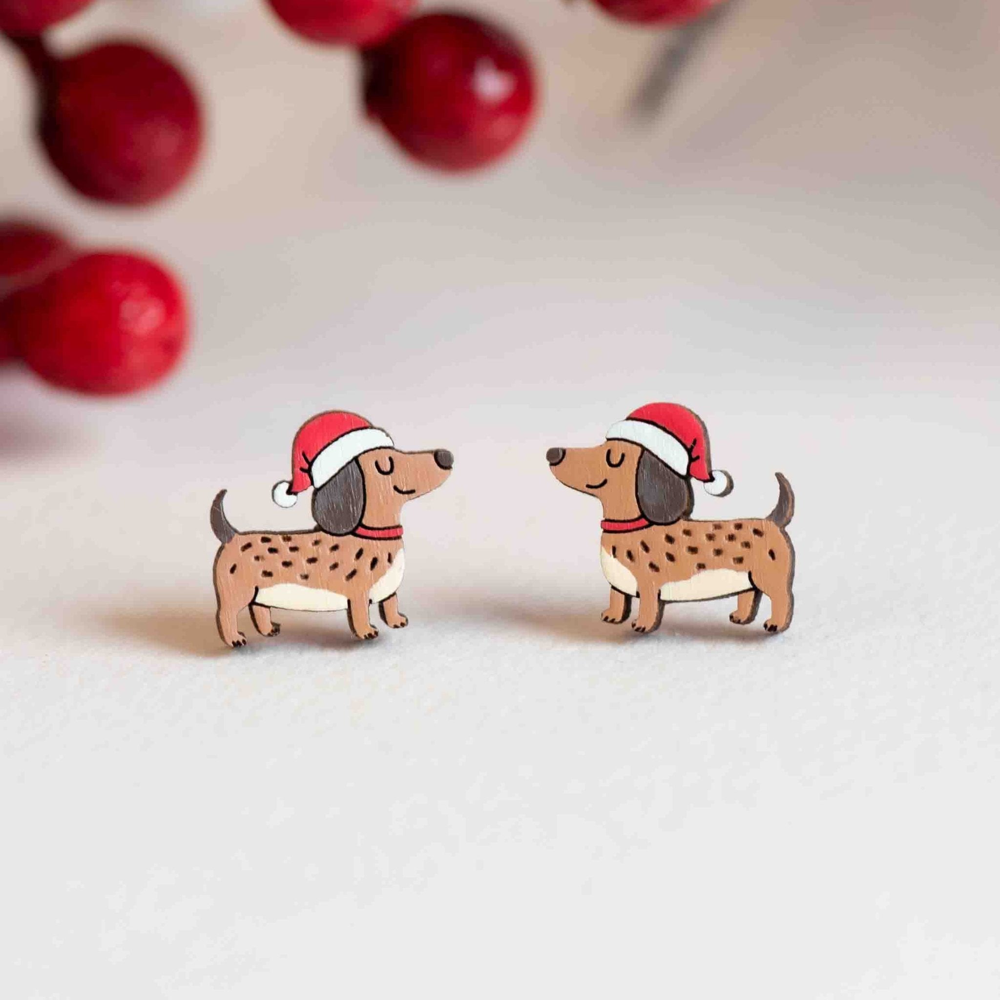Hand - painted Wooden Xmas Smiley Dachshund Stud Earrings - PEL10507X - Robin Valley Official Store