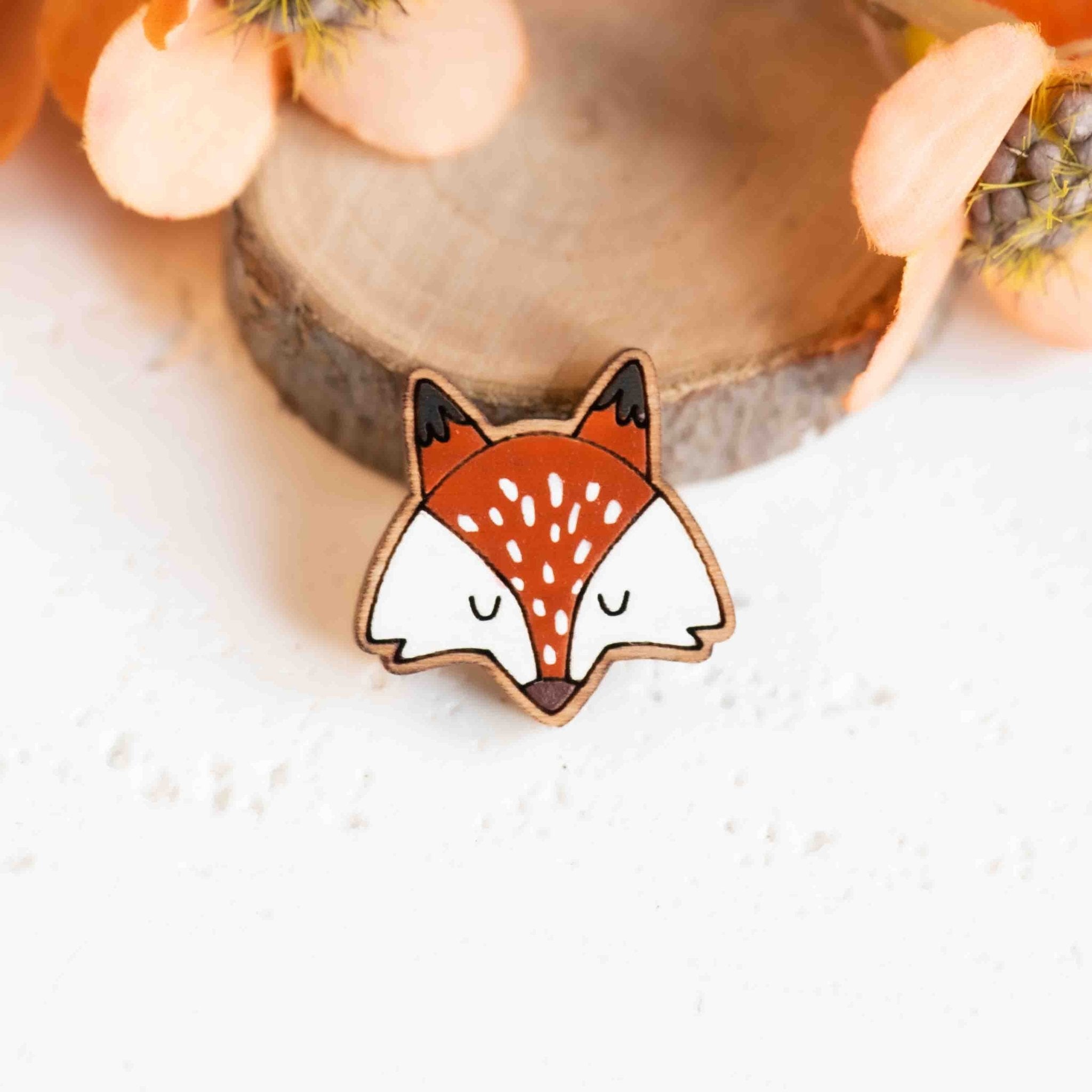 Hand - painted Woodland Fox wooden Pin Badge - PL40482 - Robin Valley Official Store