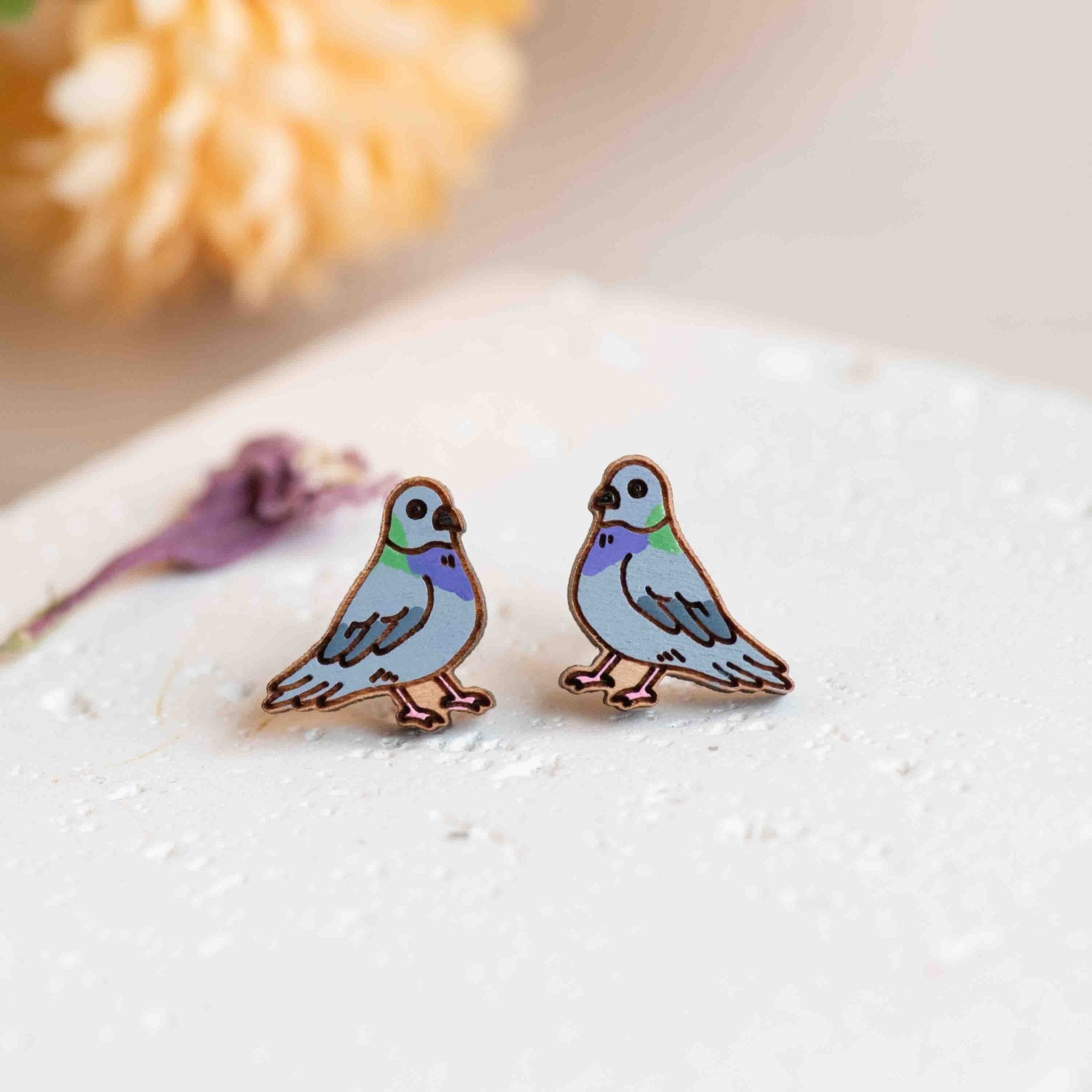 Hand - painted Woodn Pigeon Wooden Earrings - PEB12086 - Robin Valley Official Store