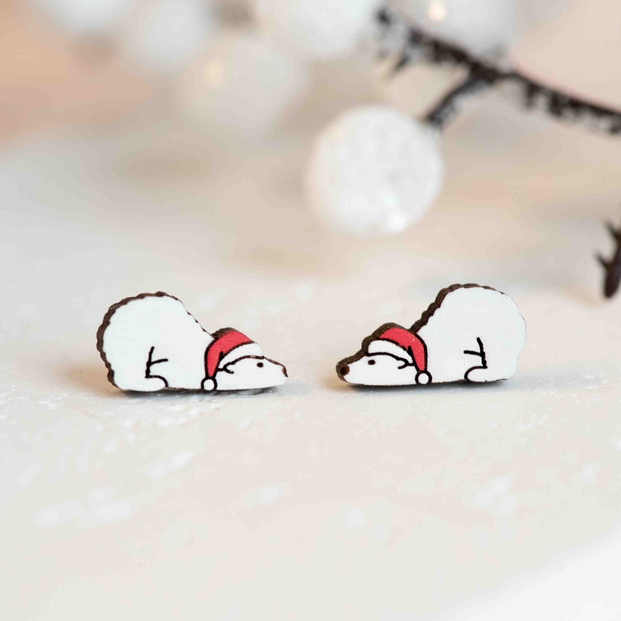 Hand - painted Xmas Crawling Polar Bear Wooden Stud Earrings - PEL10318X - Robin Valley Official Store