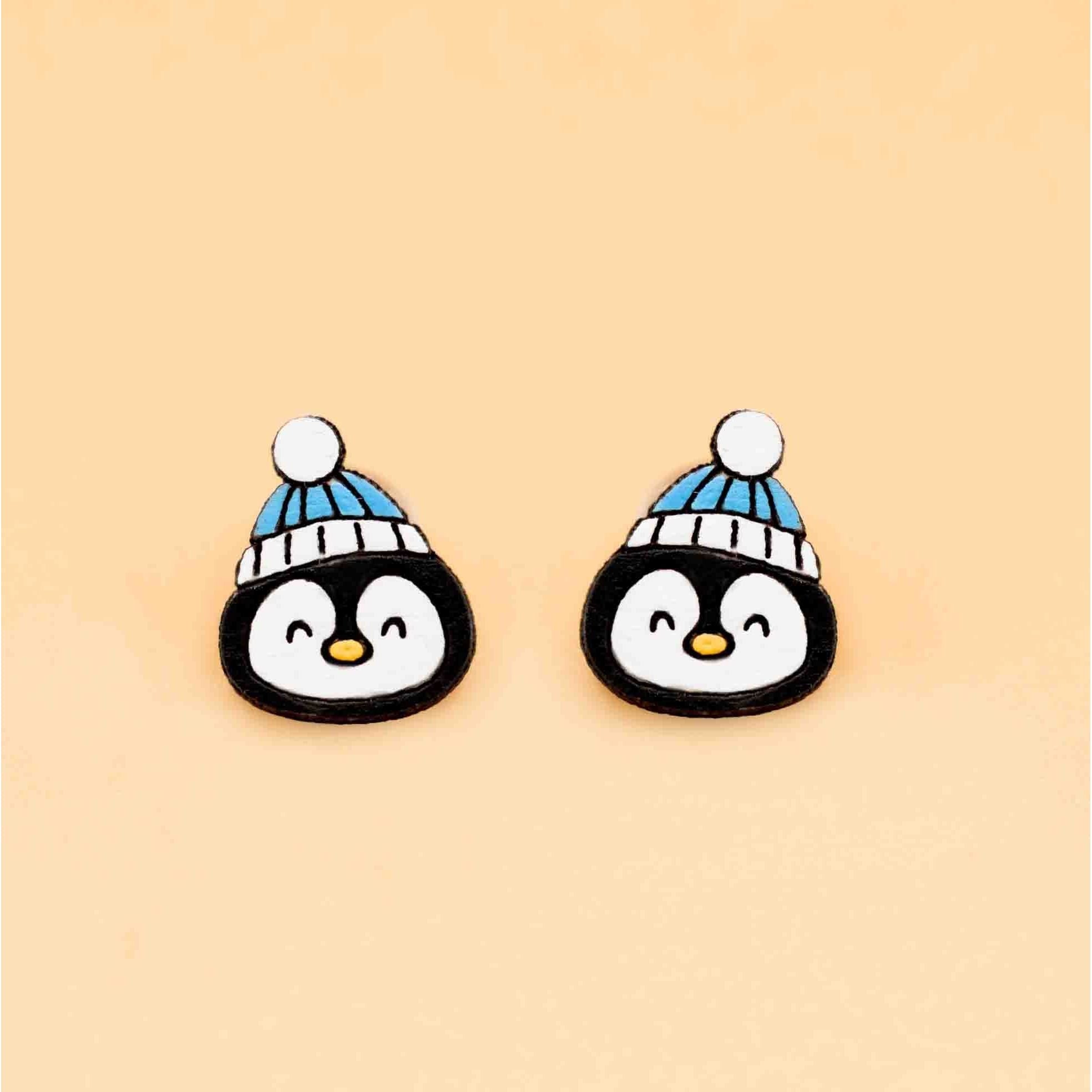 Hand - painted Xmas Cute Baby Penguin Wooden Earrings - PEB12058 - Robin Valley Official Store