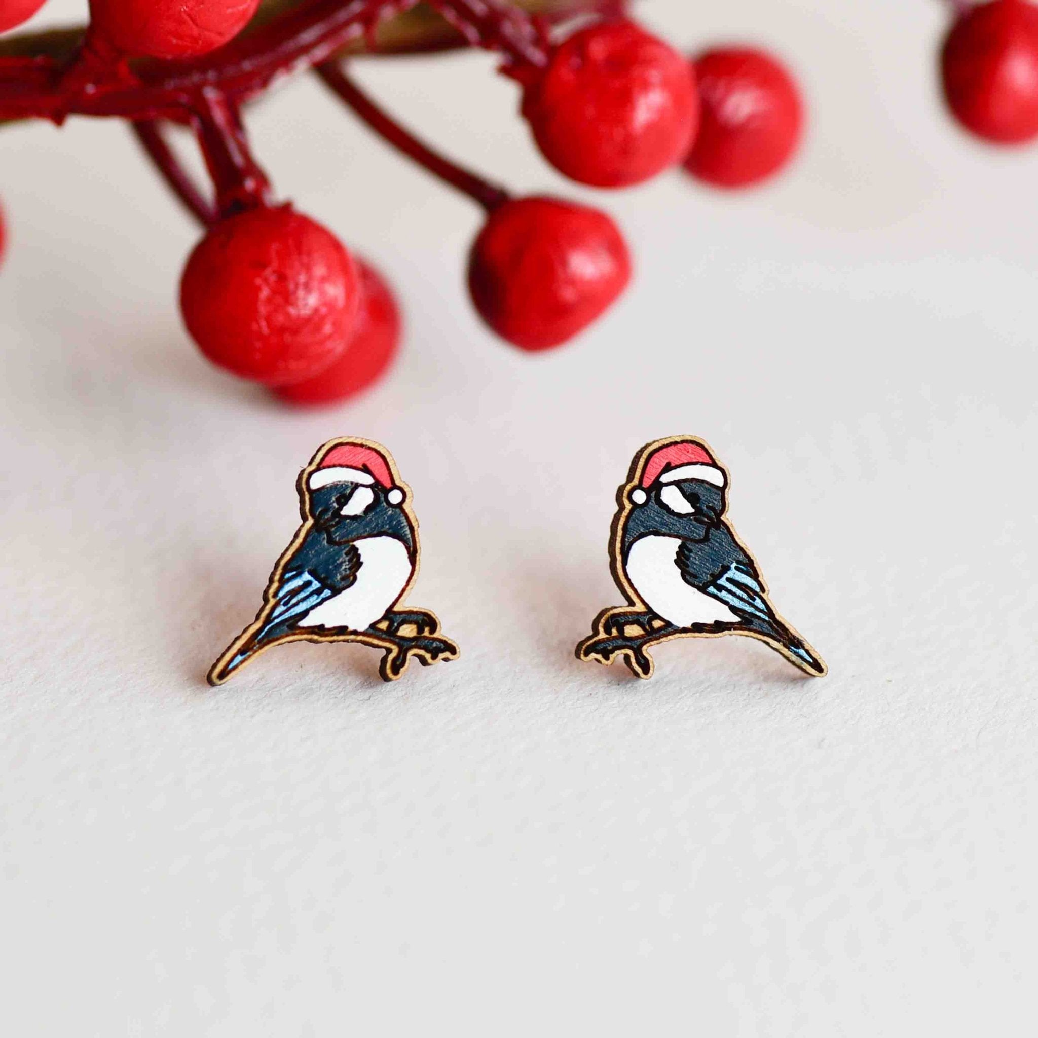 Hand - painted Xmas Magpie Wooden Stud Earrings - PEB12085X - Robin Valley Official Store