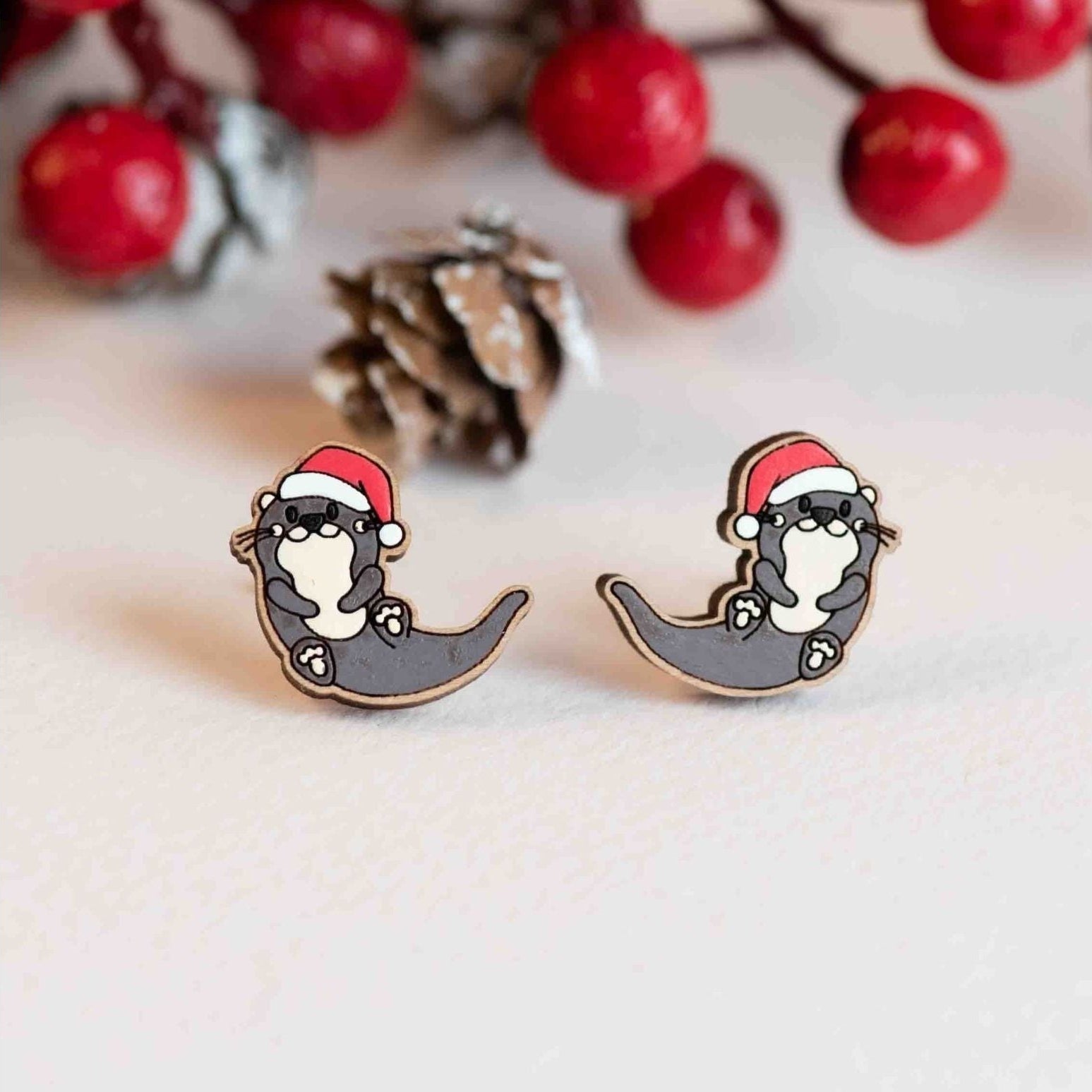 Hand - painted Xmas Otter Wooden Stud Earrings - PES13066X - Robin Valley Official Store
