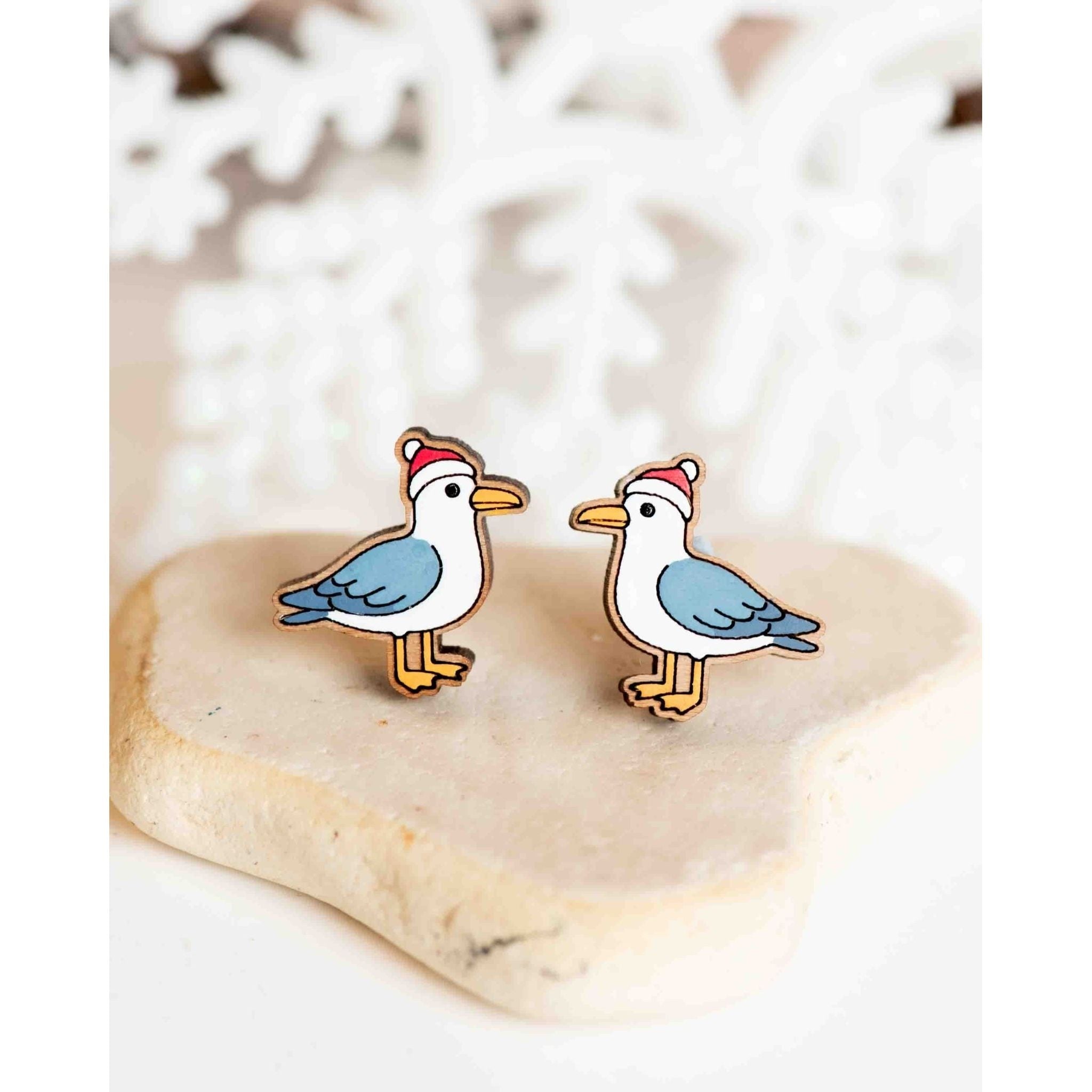 Hand - painted Xmas Seagull Wooden Stud Earrings - PEB12114X - Robin Valley Official Store