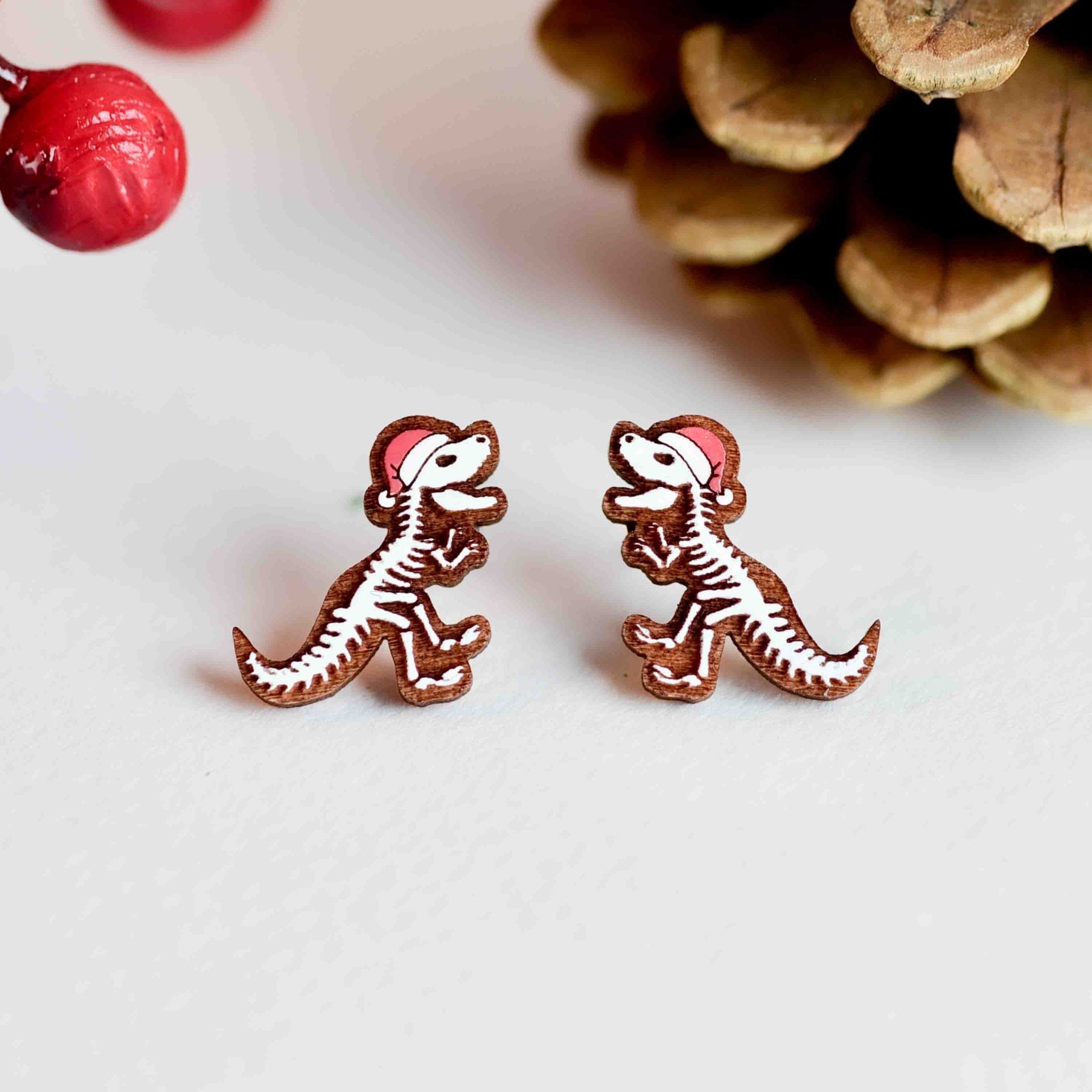 Hand - painted Xmas T - rex Skeleton Wooden Stud Earrings - PEO14008X - Robin Valley Official Store