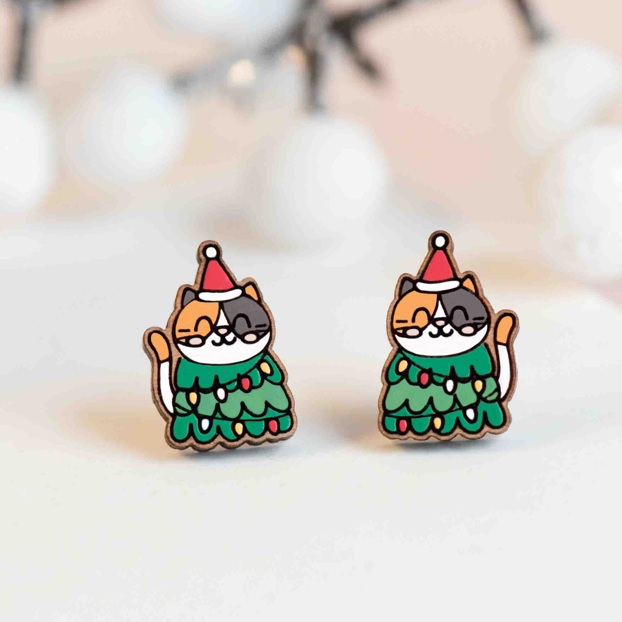 Hand - painted Xmas Tree Cat Wooden Stud Earrings - PEB12127 - Robin Valley Official Store
