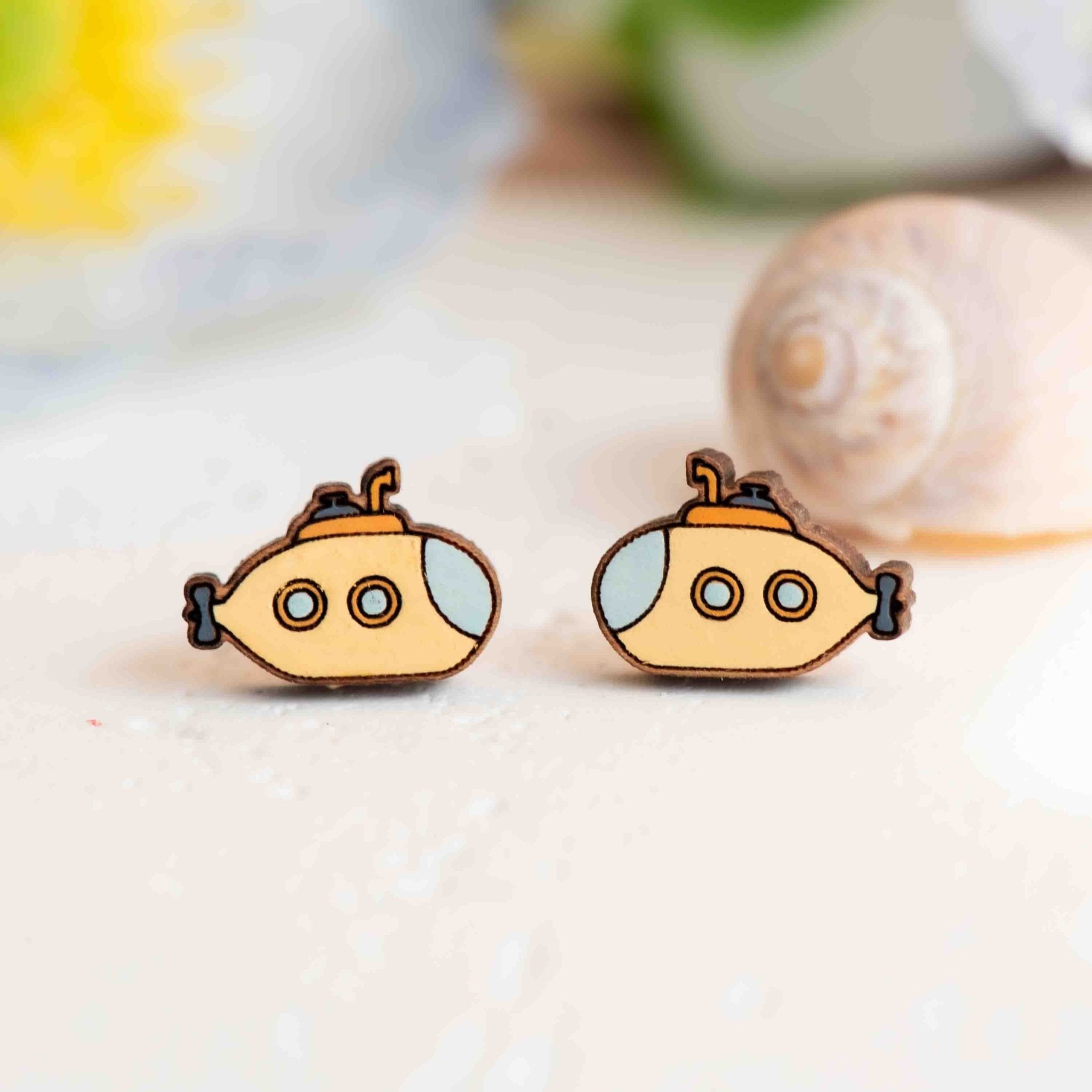 Hand - painted Yellow Submarine Wooden Stud Earrings - PET15455 - Robin Valley Official Store