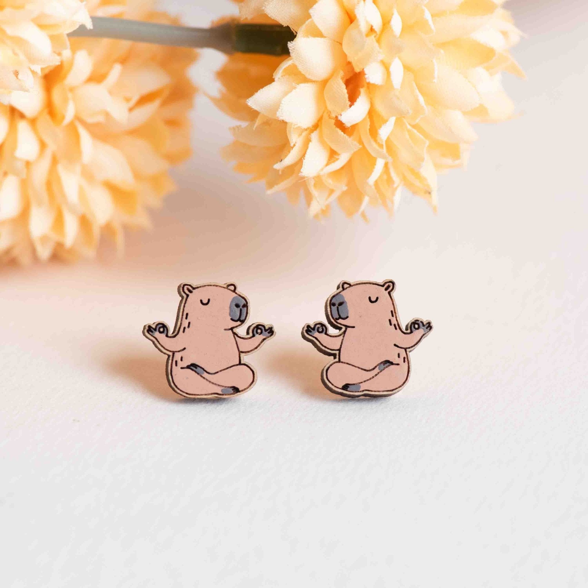 Hand - painted Yoga Capybara Wooden Stud Earrings - PEL10498 - Robin Valley Official Store
