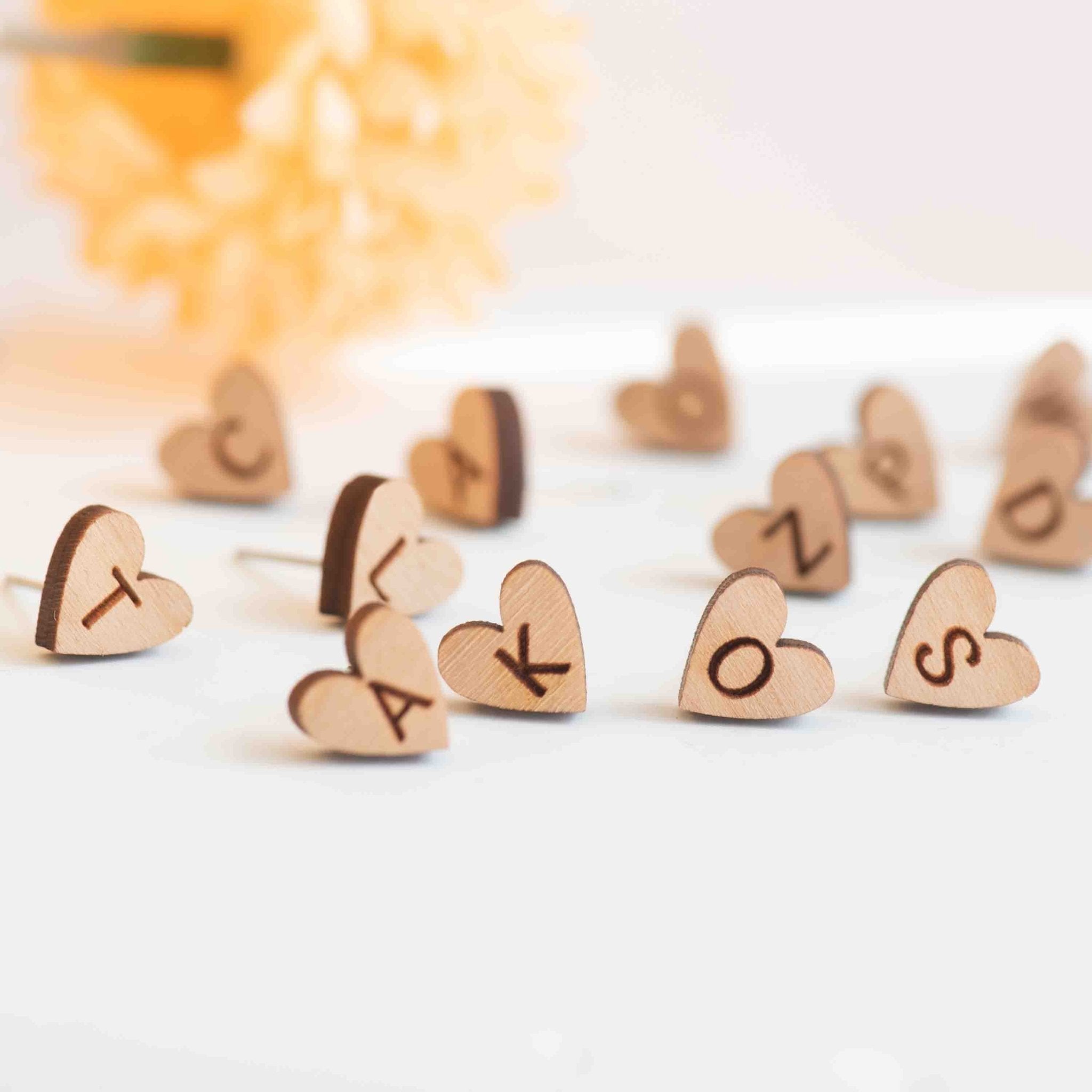 Initial Letter Heart Wooden Stud Earrings - CUS10002 - Robin Valley Official Store