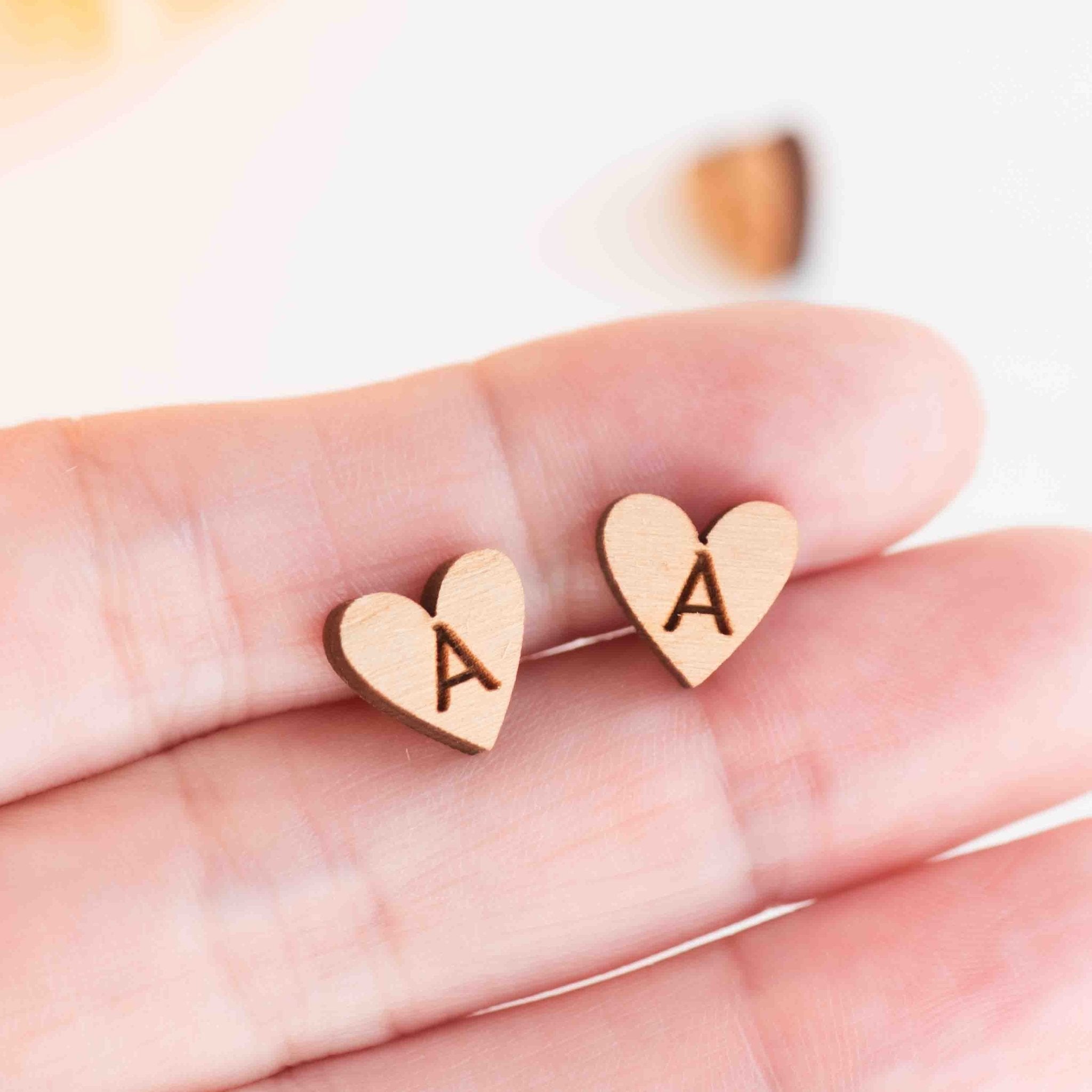 Initial Letter Heart Wooden Stud Earrings - CUS10002 - Robin Valley Official Store