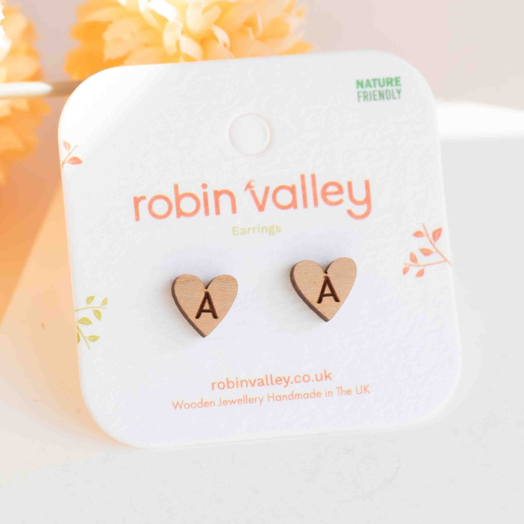 Initial Letter Heart Wooden Stud Earrings - CUS10002 - Robin Valley Official Store