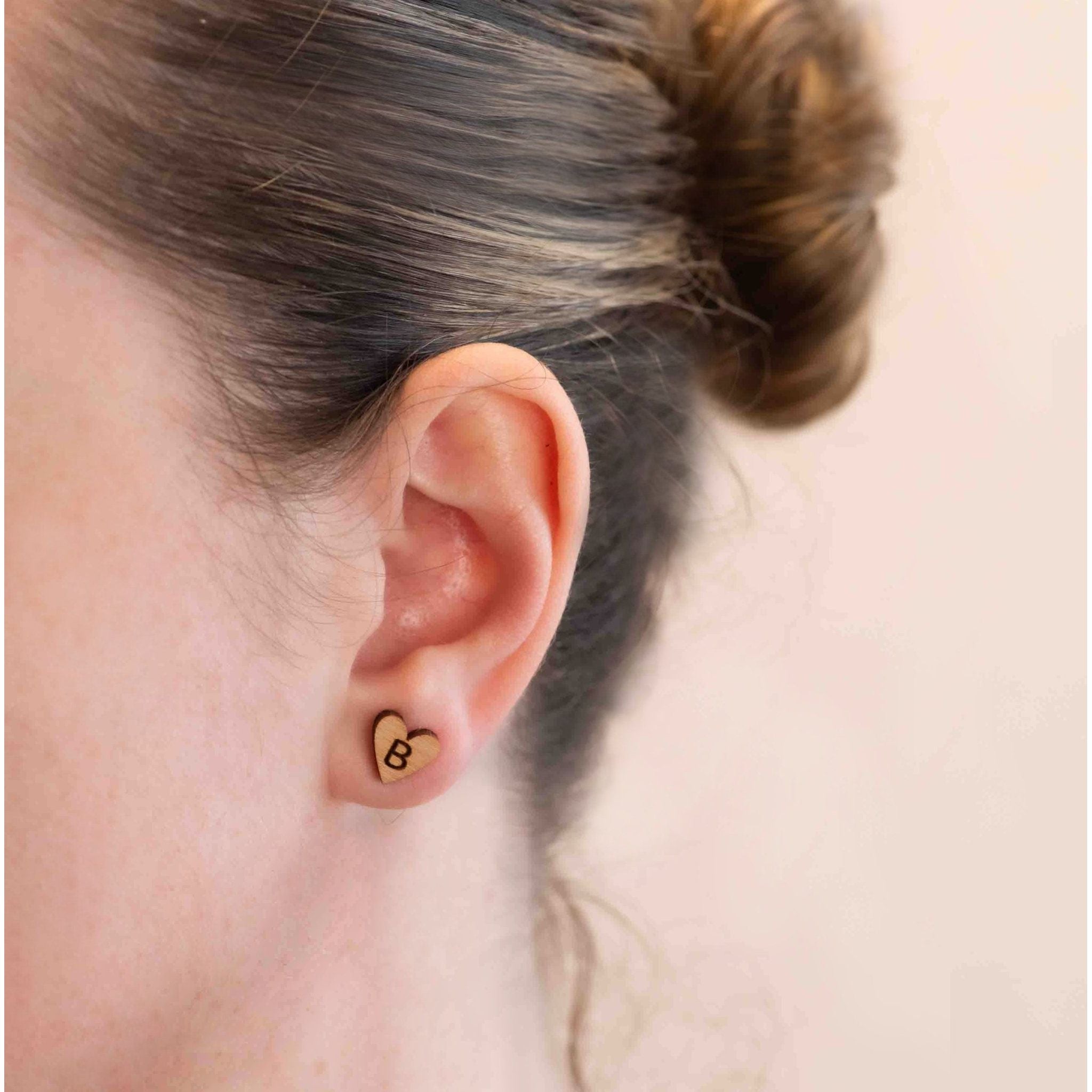 Initial Letter Heart Wooden Stud Earrings - CUS10002 - Robin Valley Official Store
