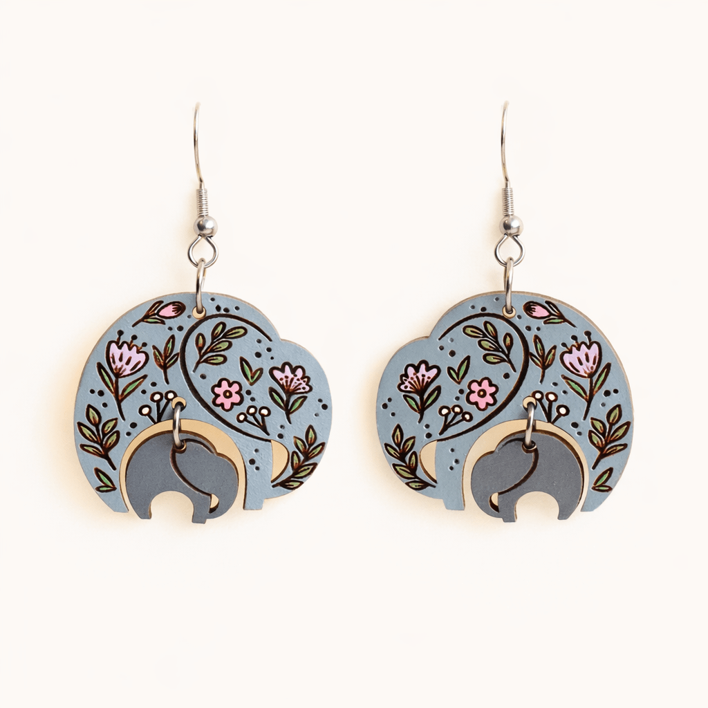 Mother Daughter Flora Elephant Wooden Hook Earrings - PEL10501D - Robin Valley Official Store