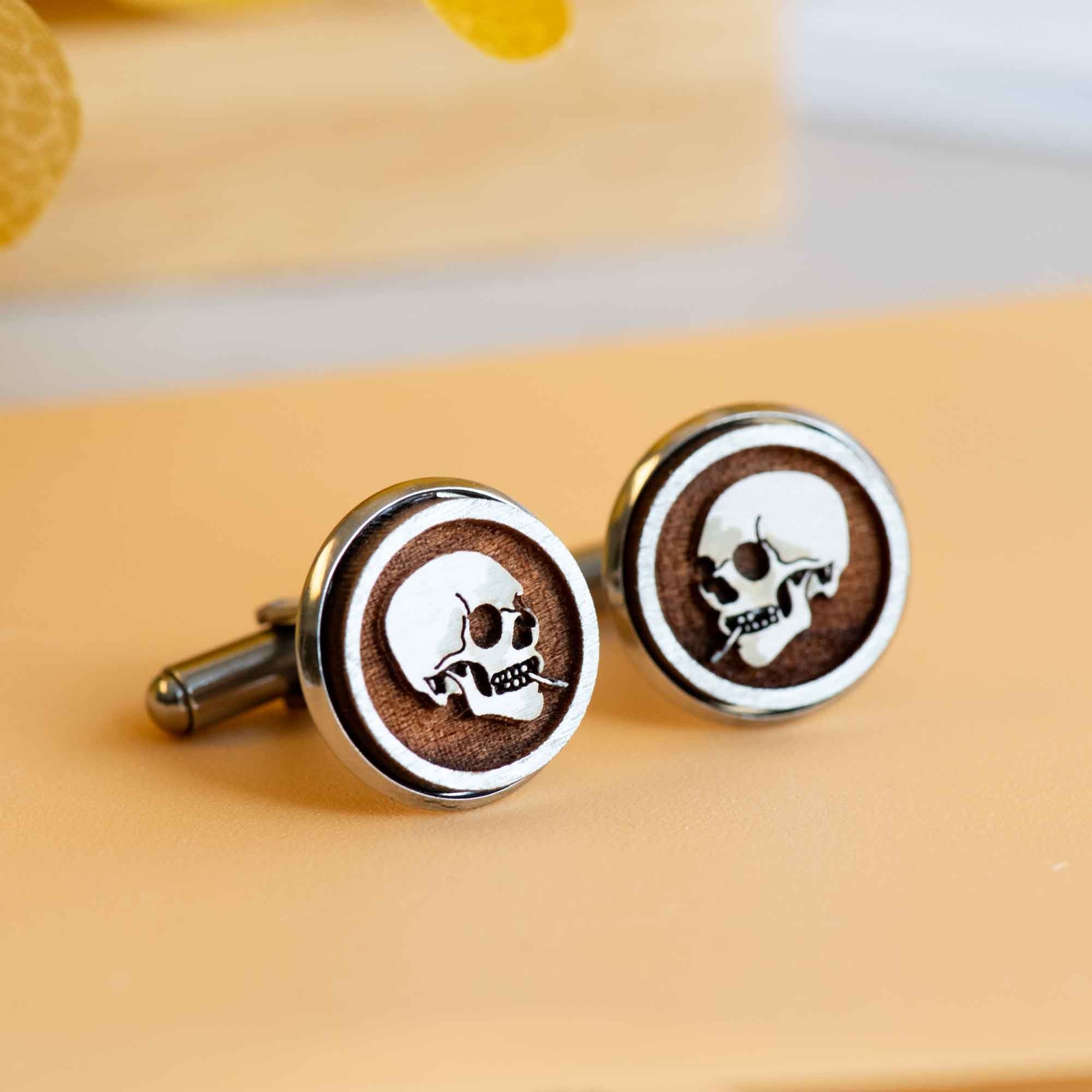 Skull of a Skeleton with Burning Cigarette Wooden Cufflinks - CT35309 Inspired by Vincent van Gogh - Robin Valley Official Store