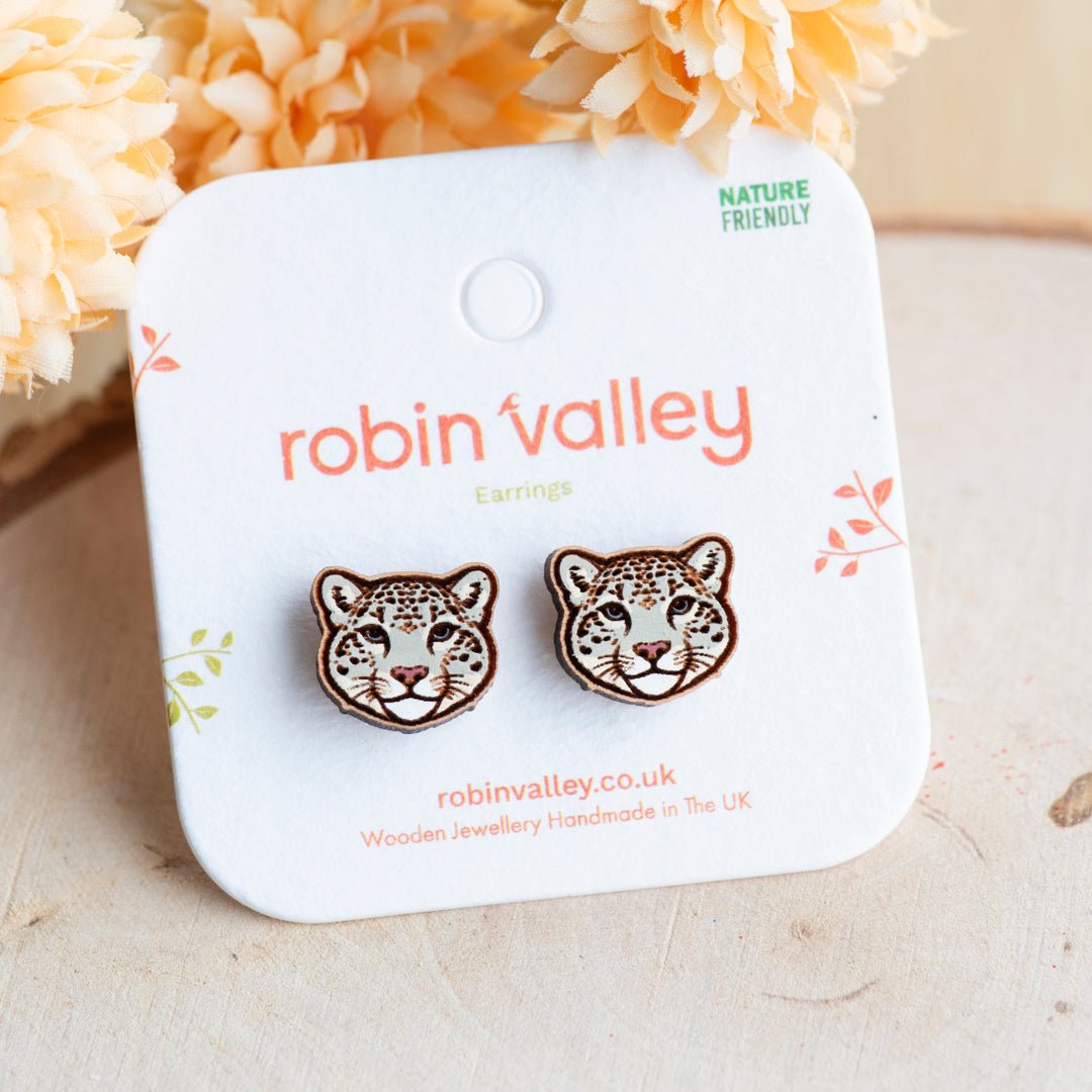 Snow Leopard Stud Earrings (face) - Robin Valley Official Store