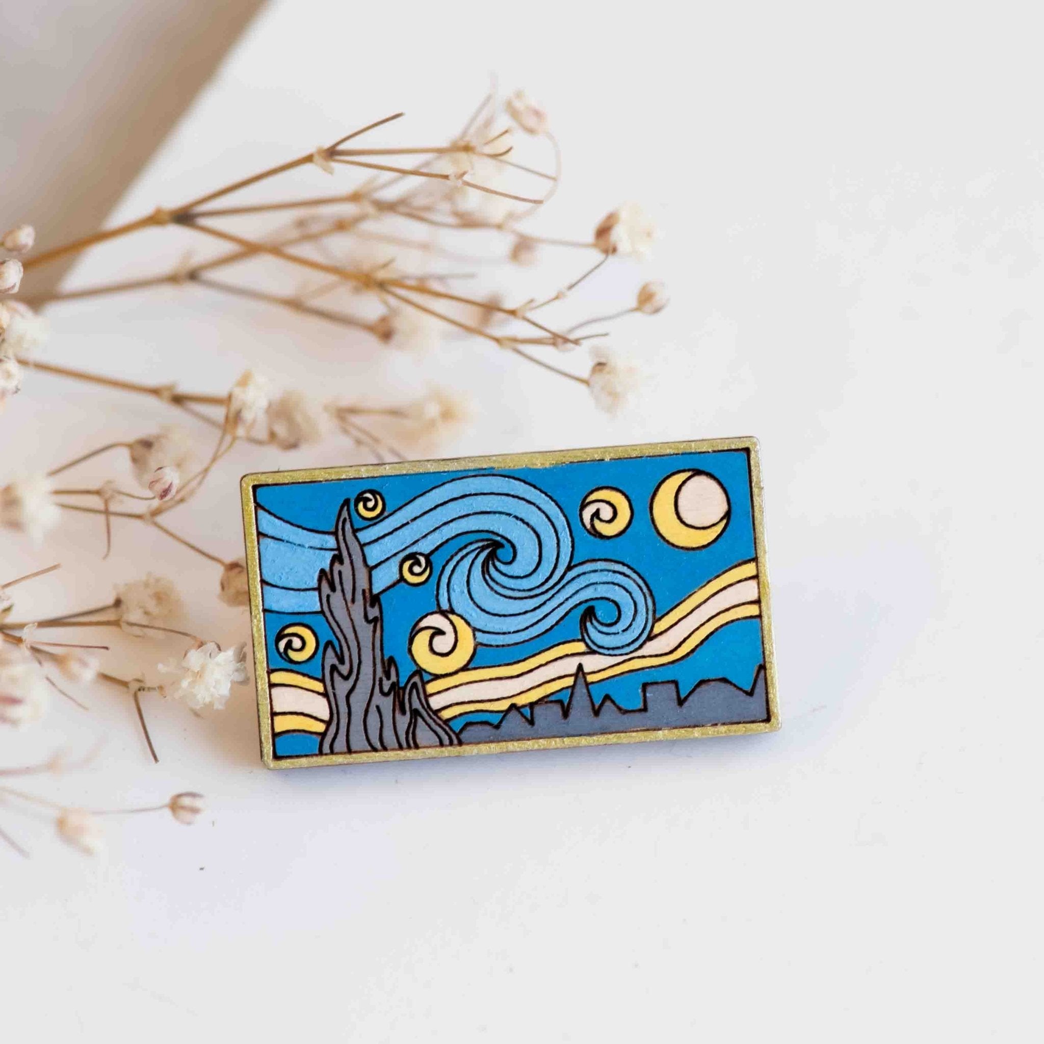 The Starry Night Wooden Pin Badge Inspired by Van Gogh - Robin Valley Official Store
