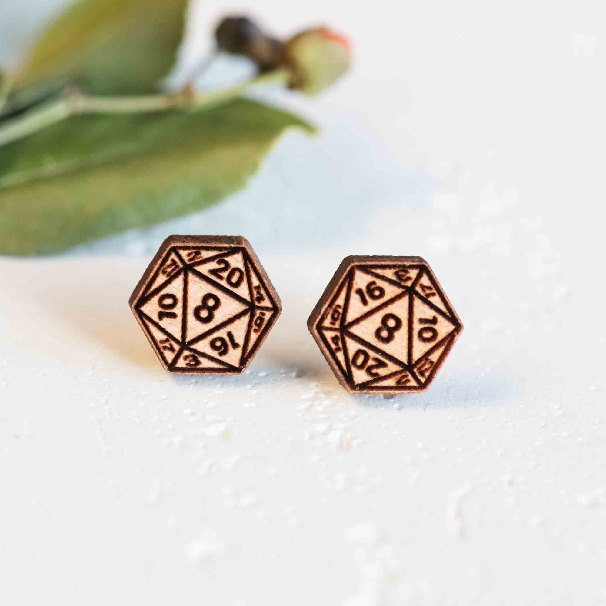 Wooden D20 Dice Earrings - ET15225 - Robin Valley Official Store
