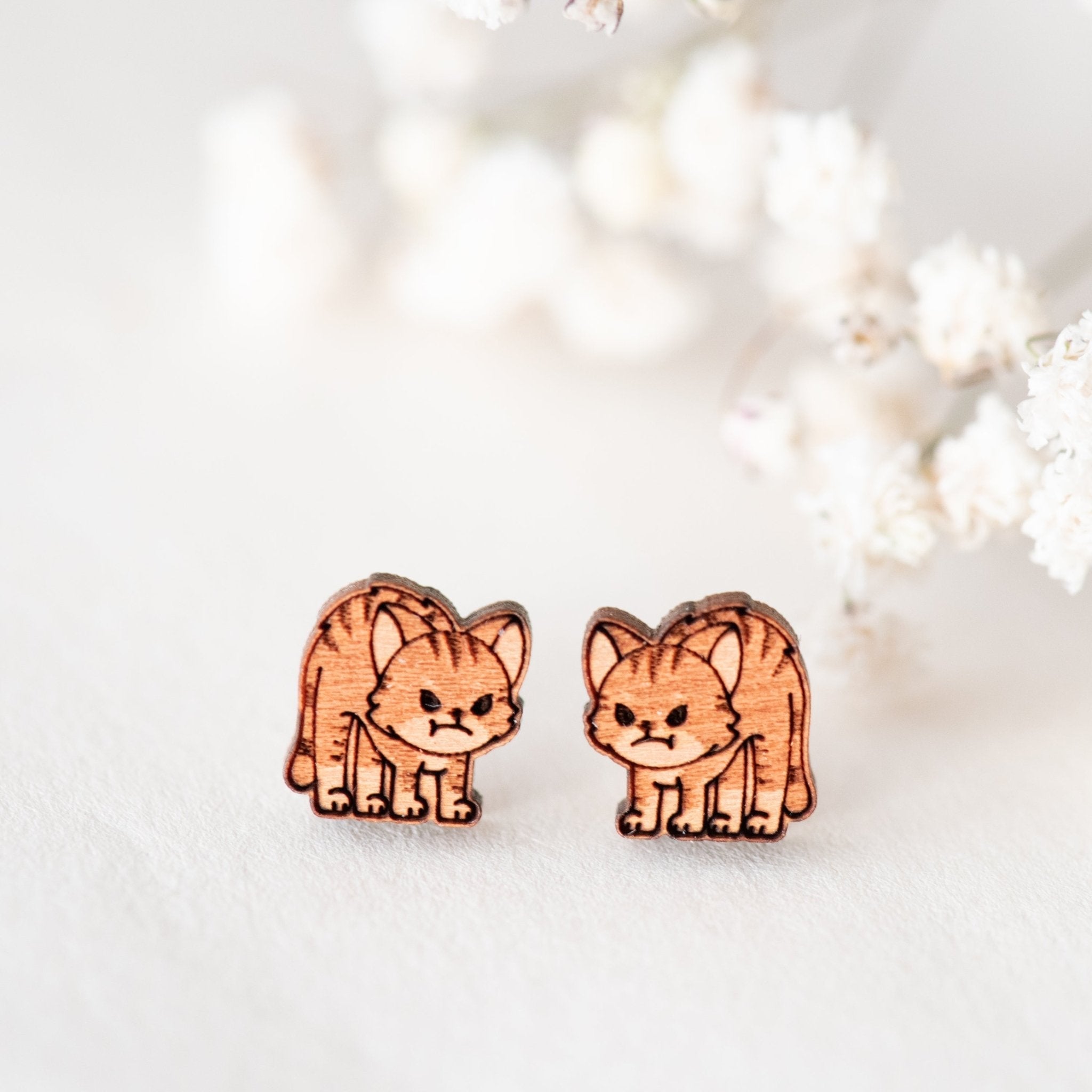 Cat (Cross) Cherry Wood Stud Earrings - EL10066 - Robin Valley Official Store