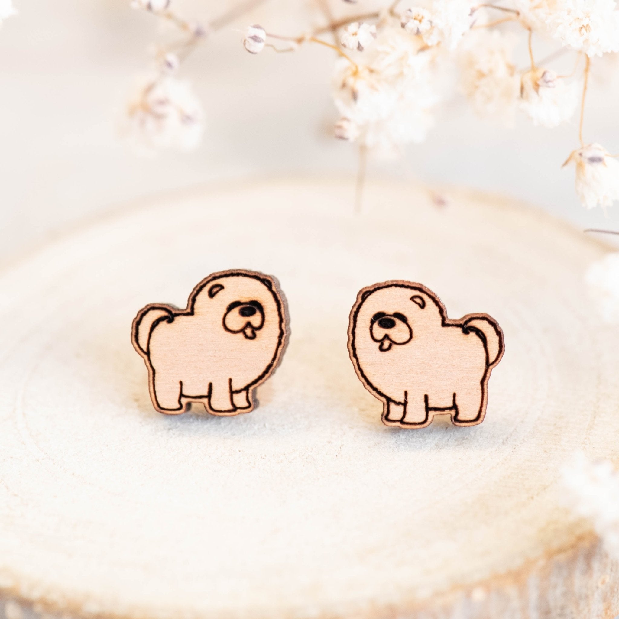 Chow Chow Dog Cherry Wood Stud Earrings - EL10217 - Robin Valley Official Store
