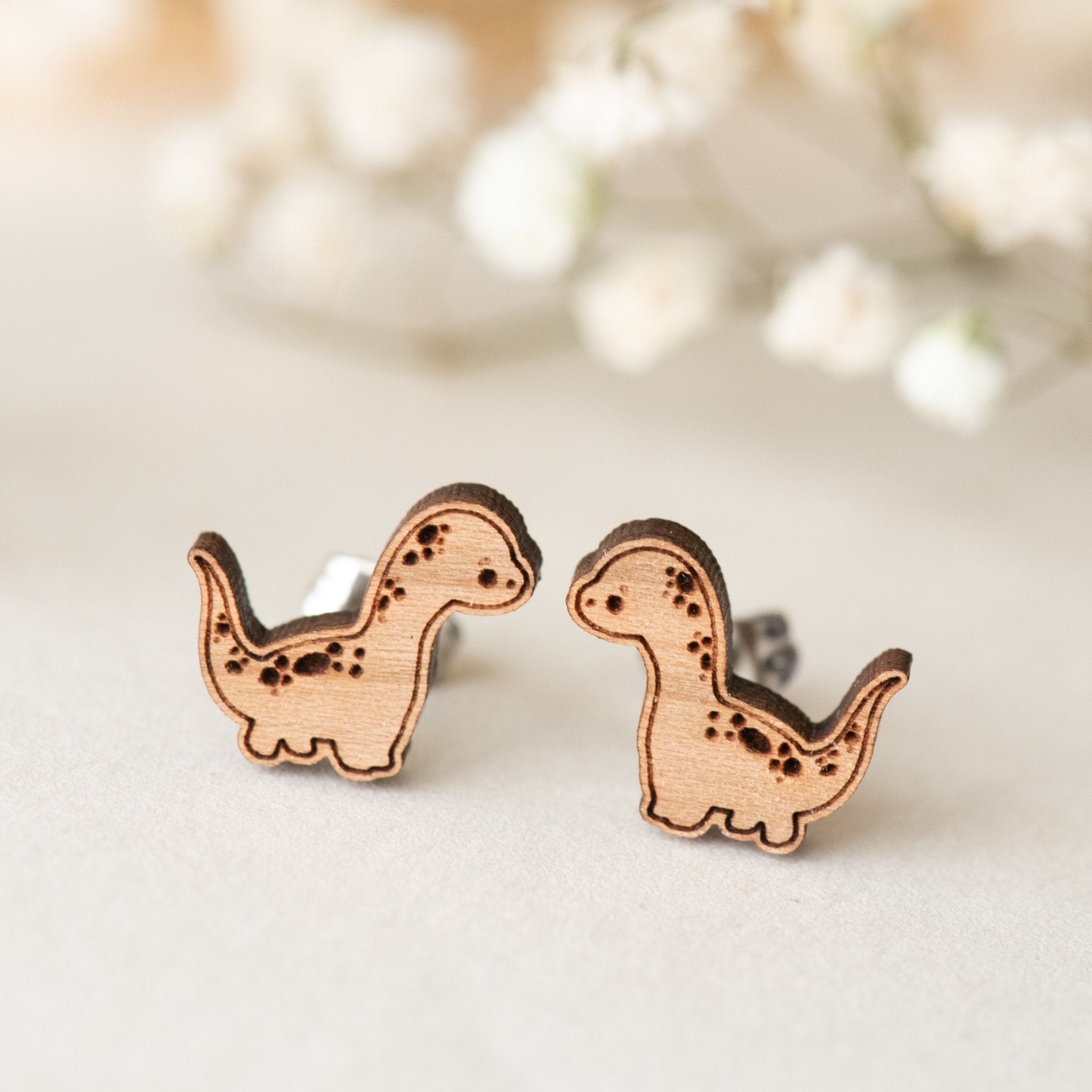Doodle Brontosaurus Cherry Wood Stud Earrings - EO14012 - Robin Valley Official Store
