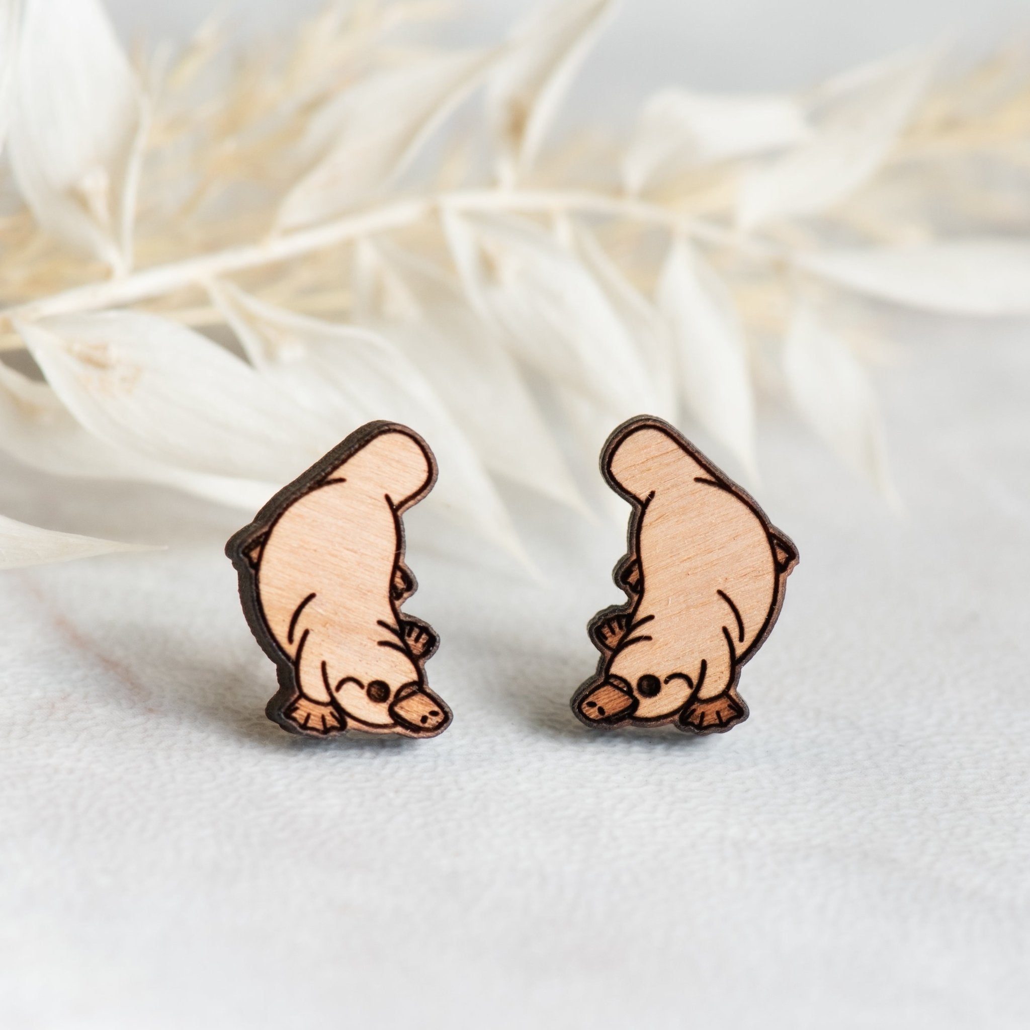 Duck - Billed Platypus Cherry Wood Stud Earrings - EL10203 - Robin Valley Official Store