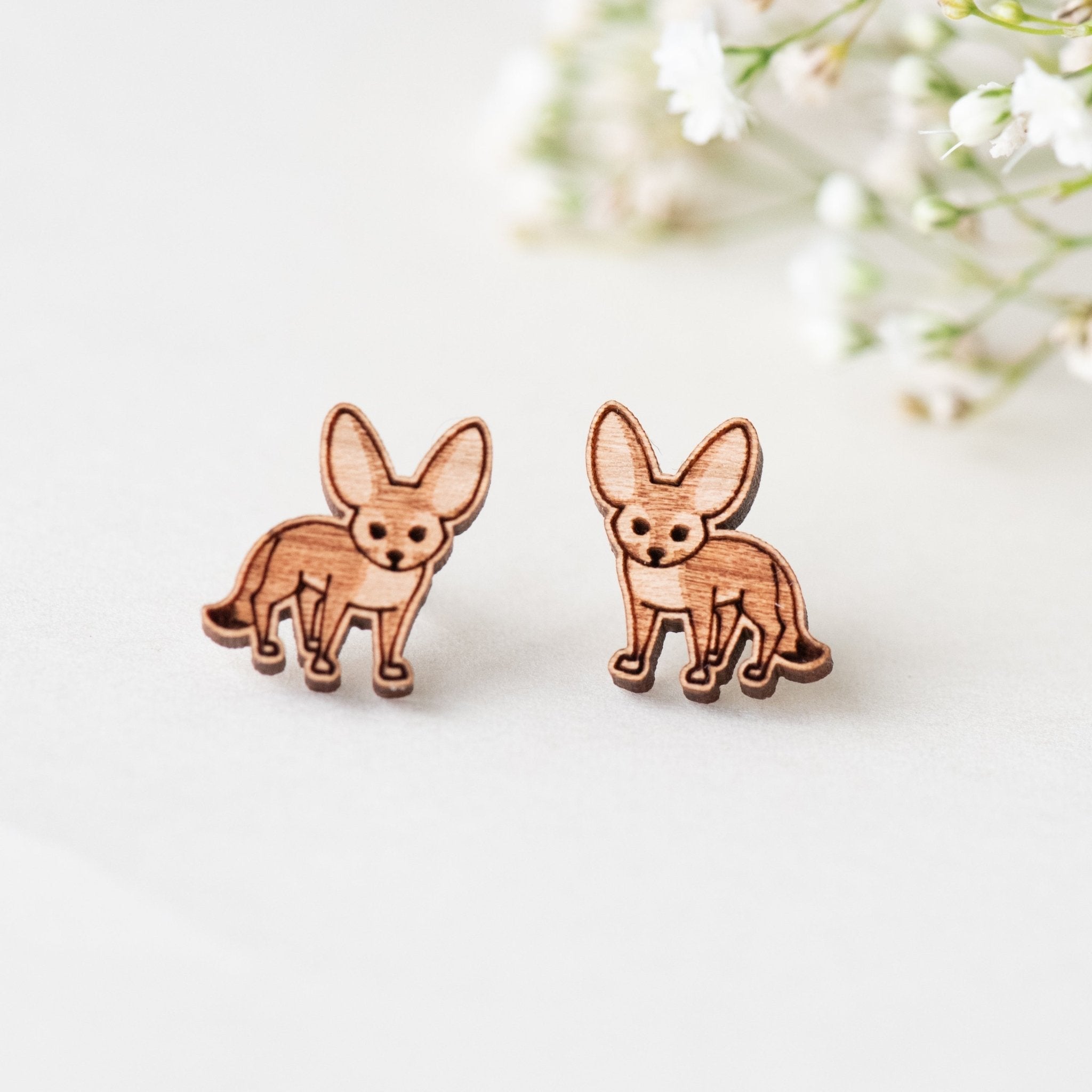 Fennec Fox Cherry Wood Stud Earrings - EL10080 - Robin Valley Official Store