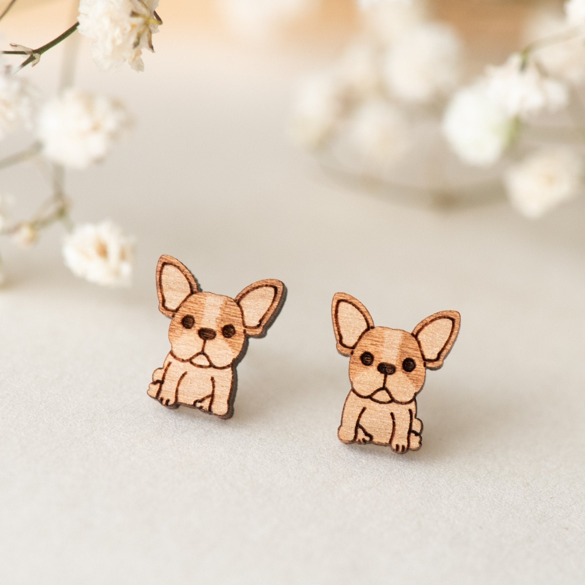 French Bull Dog Puppy Wooden Stud Earrings - EL10084 - Robin Valley Official Store
