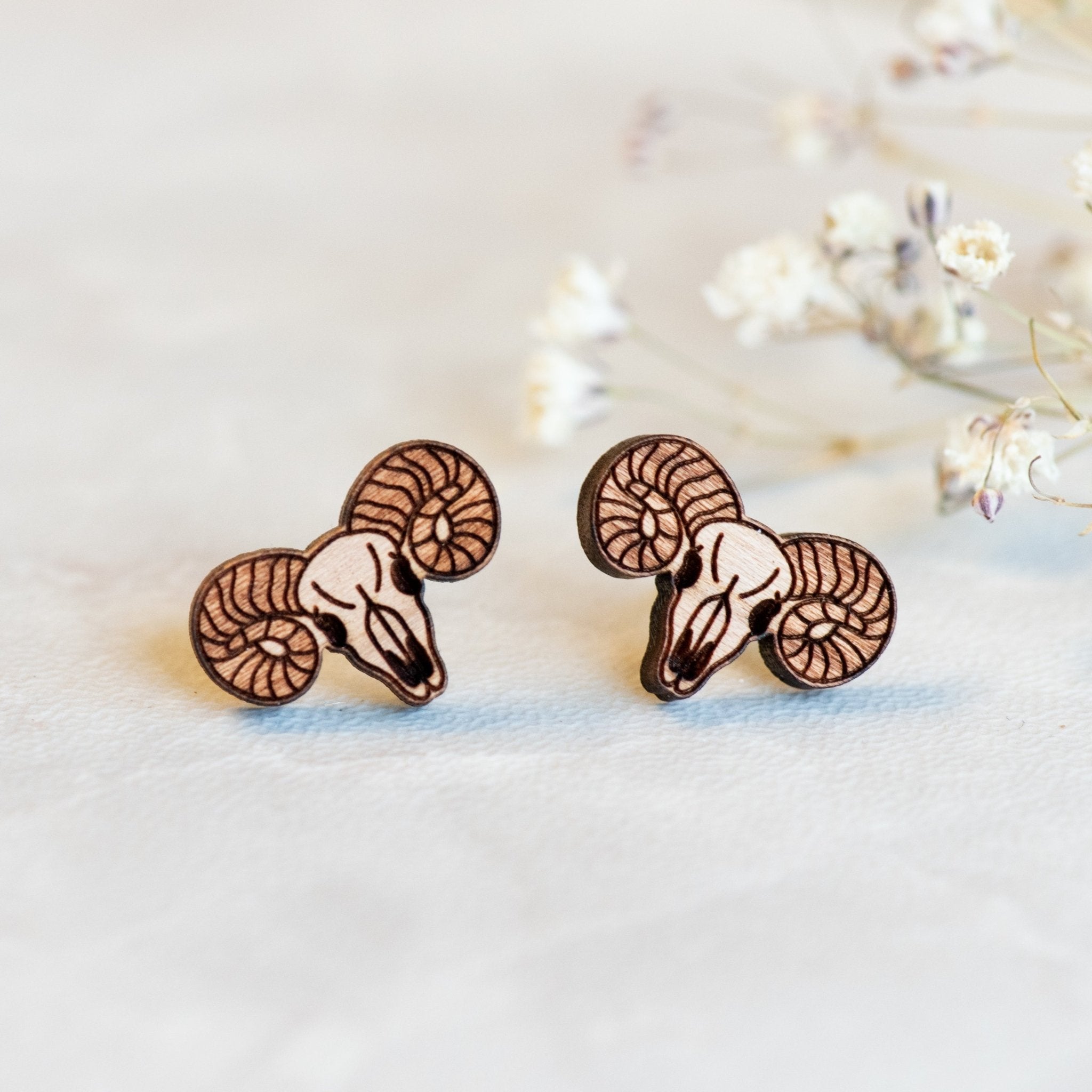 Goat Skull Cherry Wood Stud Earrings - EL10207 - Robin Valley Official Store