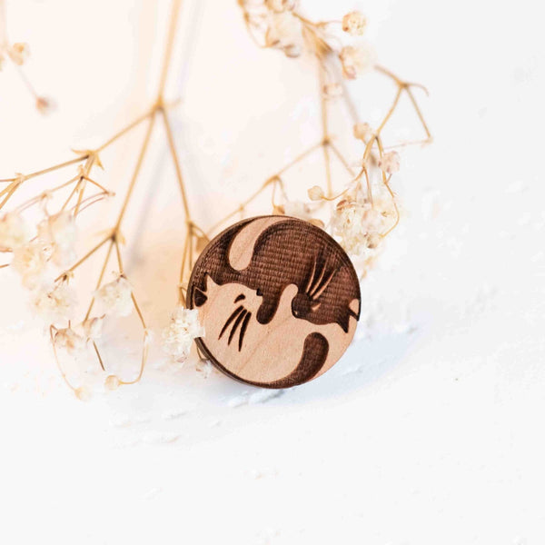 Hand - made Yin Yang Cat Wooden Pin Badge - PL40020 - Robin Valley Official Store