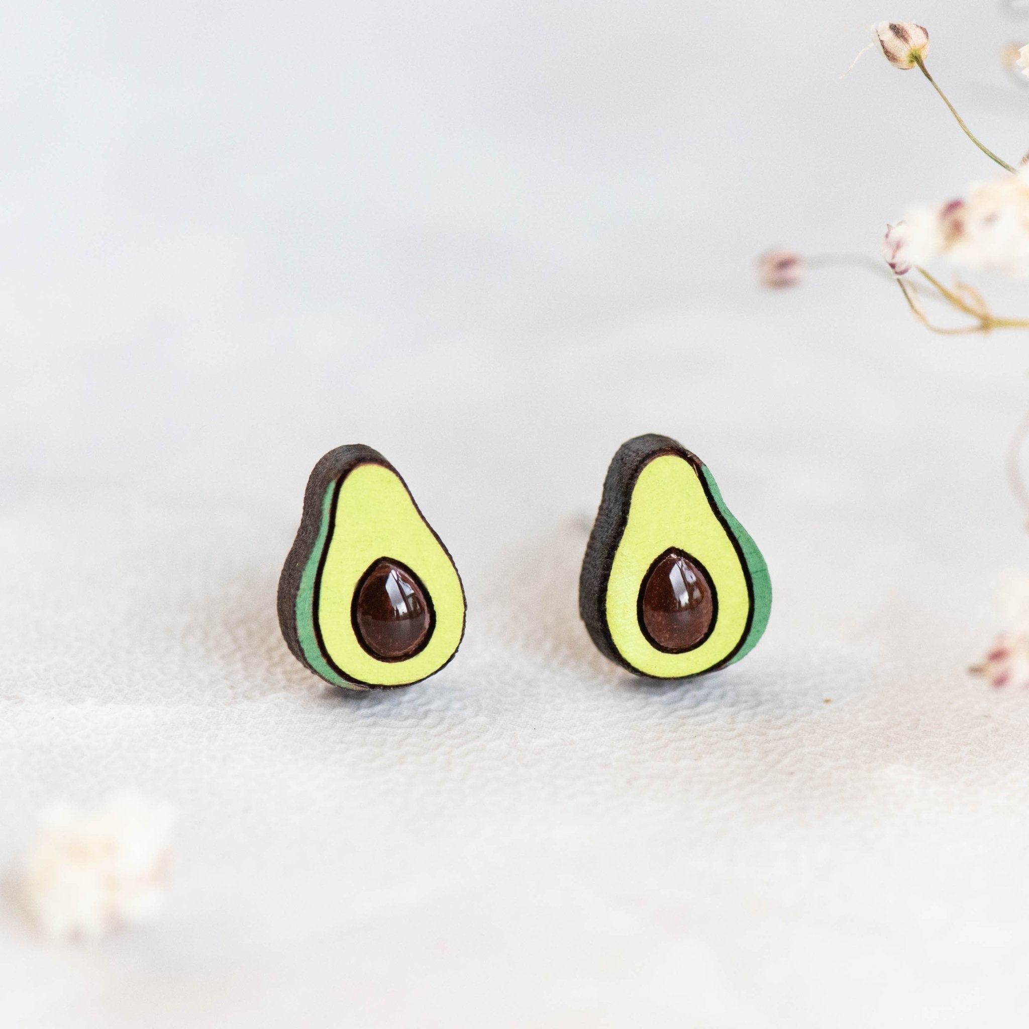 Hand - painted Avocado Cherry Wood Stud Earrings - PEO14090 - Robin Valley Official Store